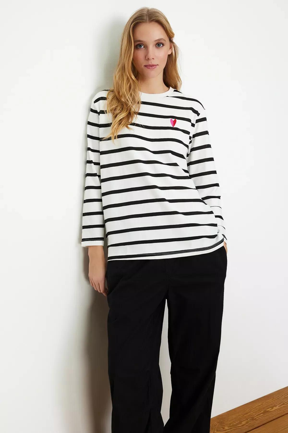 White Striped Embroidered Knitted T-Shirt, White, medium