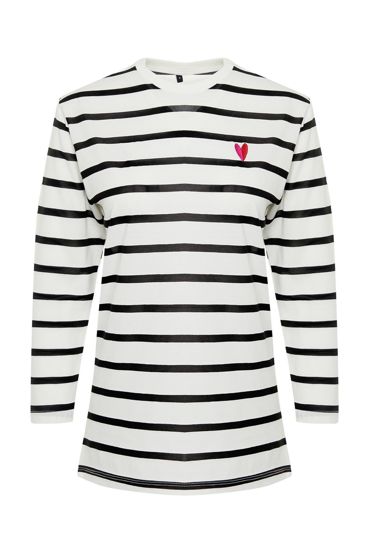White Striped Embroidered Knitted T-Shirt, , large image number 5