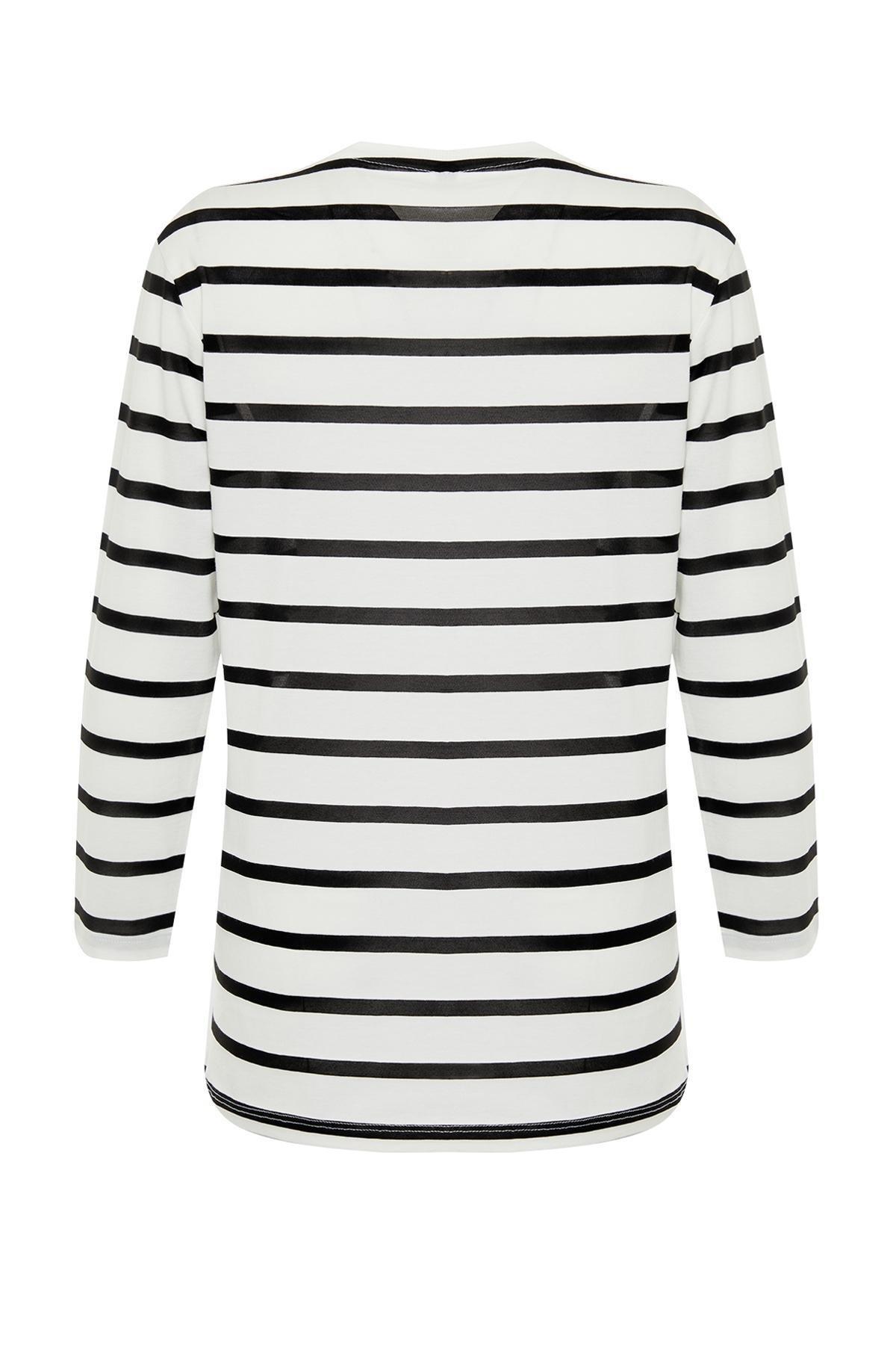 White Striped Embroidered Knitted T-Shirt, , large image number 6