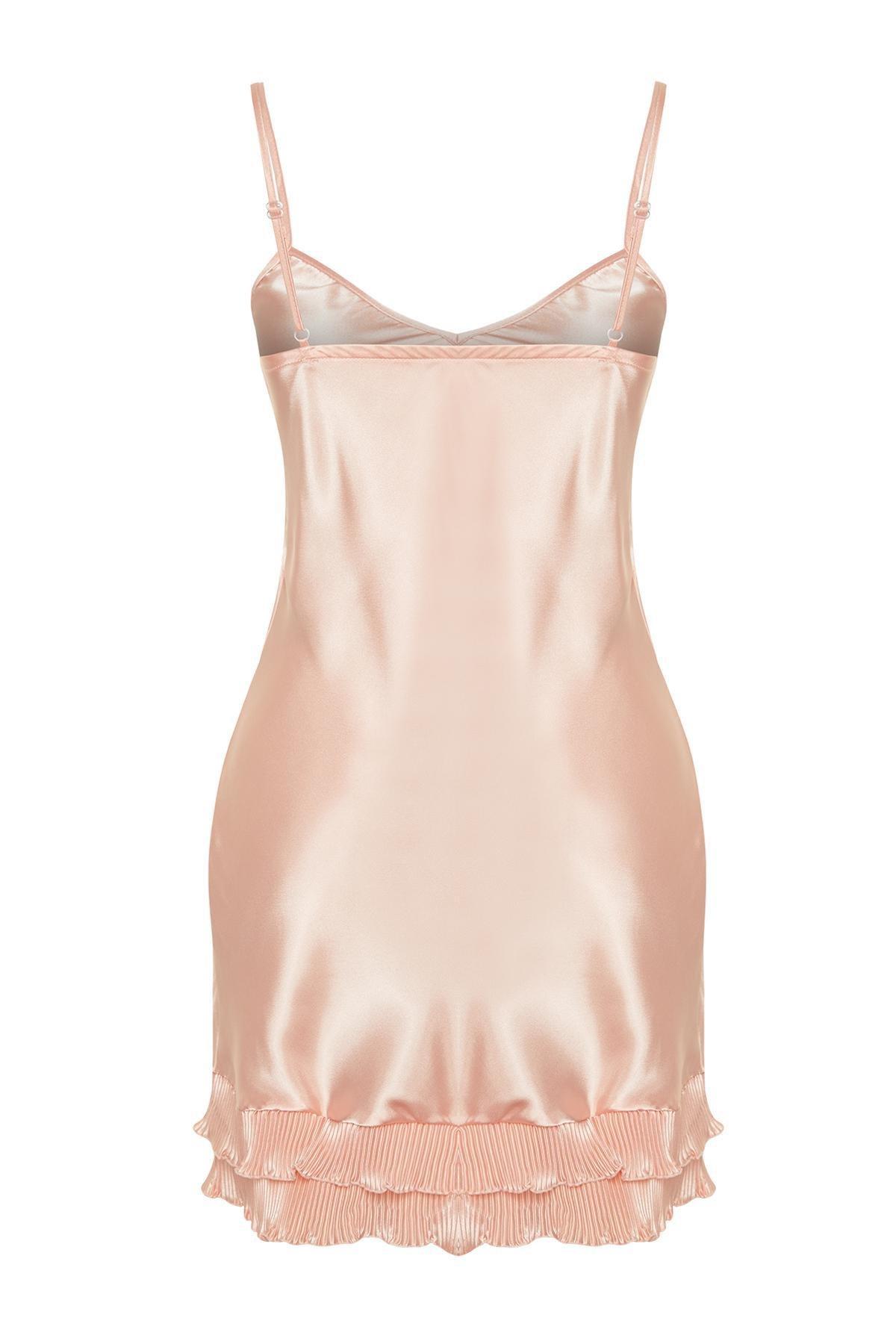 Salmon Ruffle and Pleated Detailed Rope Strap Satin Woven Nightgown THMSS24GC00009, Single item, , large image number 5