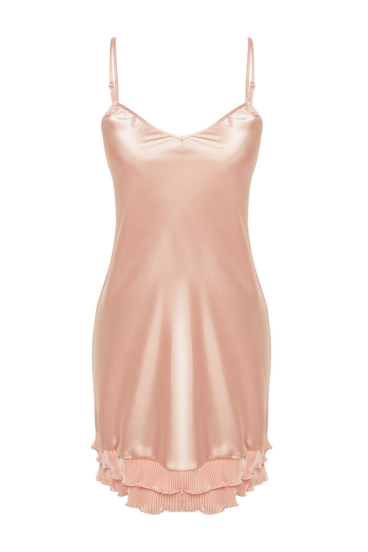 Salmon Ruffle and Pleated Detailed Rope Strap Satin Woven Nightgown THMSS24GC00009, Single item, , large image number 6