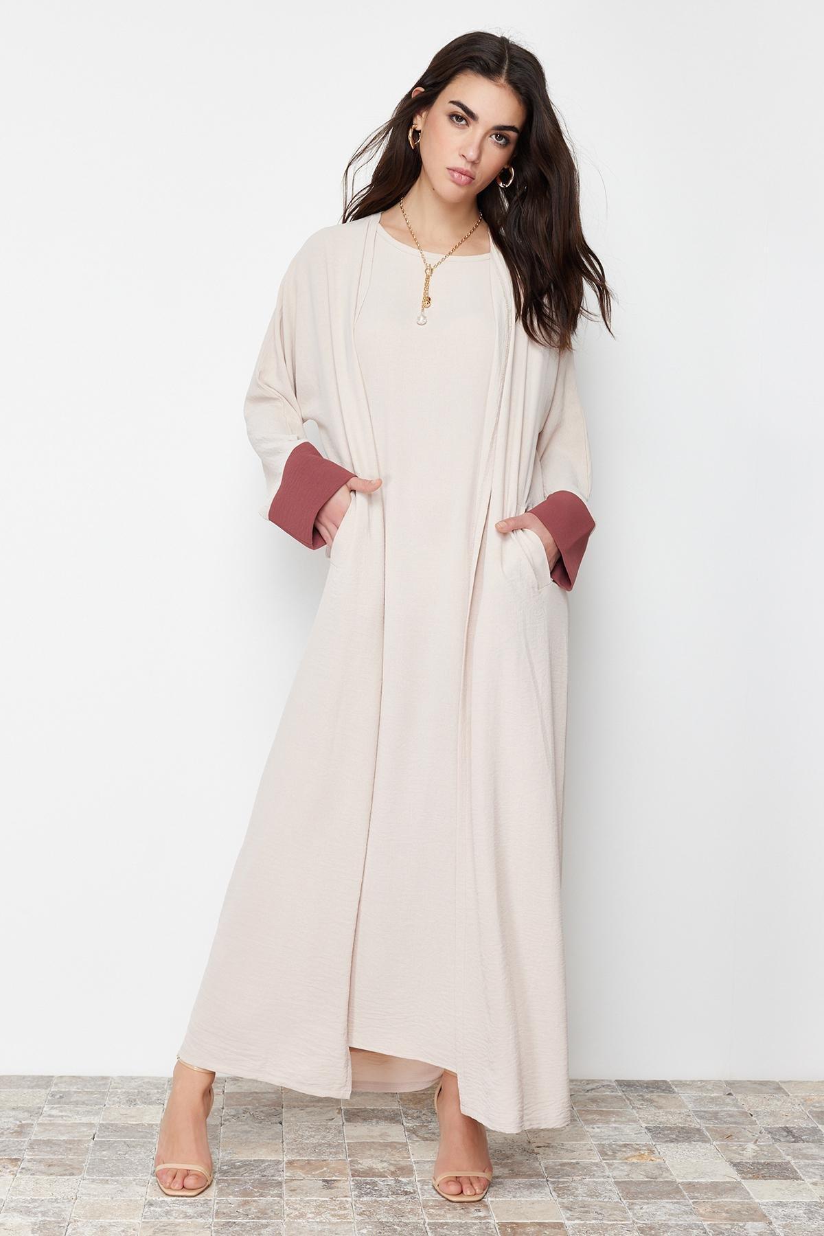 Beige Colour Block Abaya Set, , large image number 0