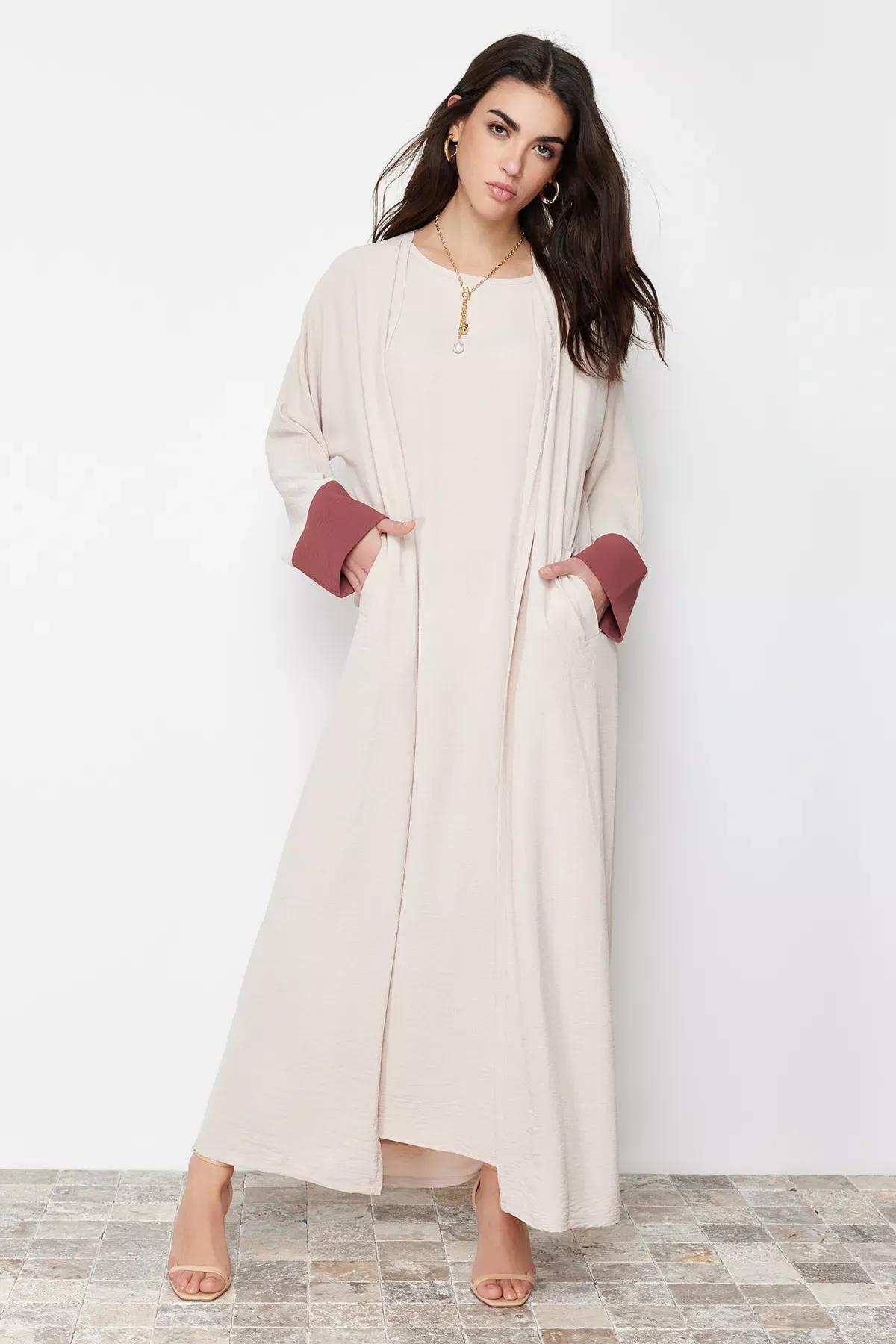 Beige Colour Block Abaya Set, , medium