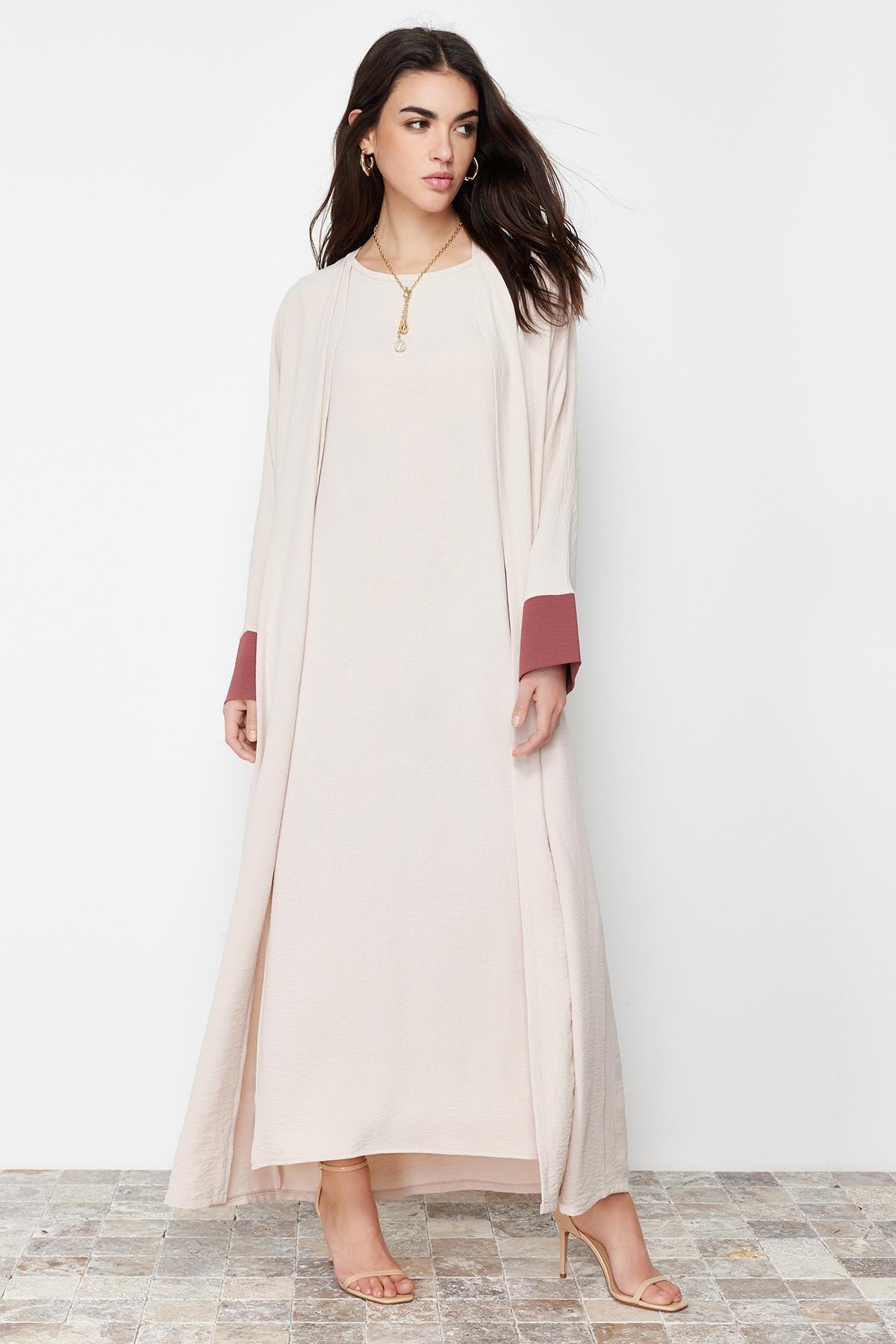 Beige Colour Block Abaya Set, , large image number 1