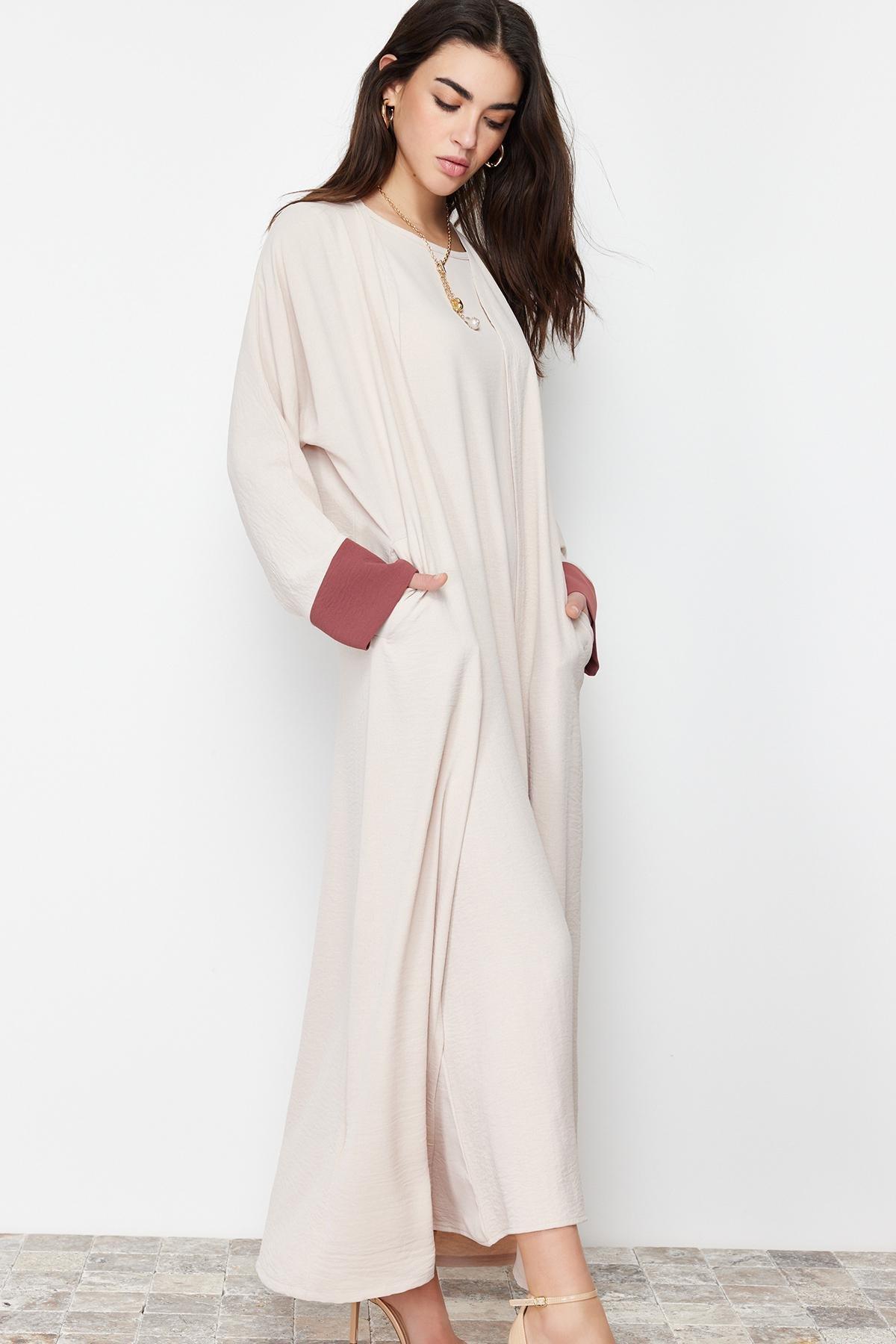 Beige Colour Block Abaya Set, , large image number 2