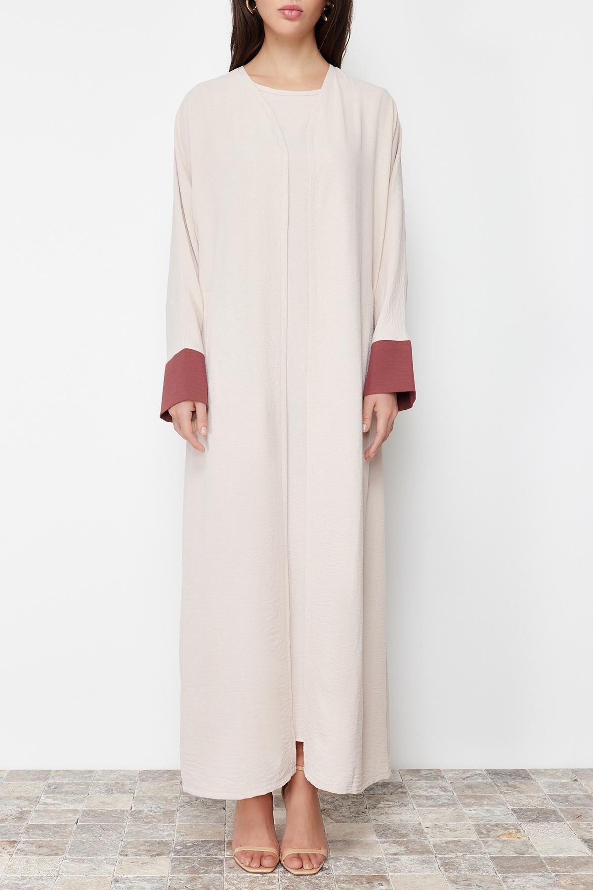 Beige Colour Block Abaya Set, , large image number 3