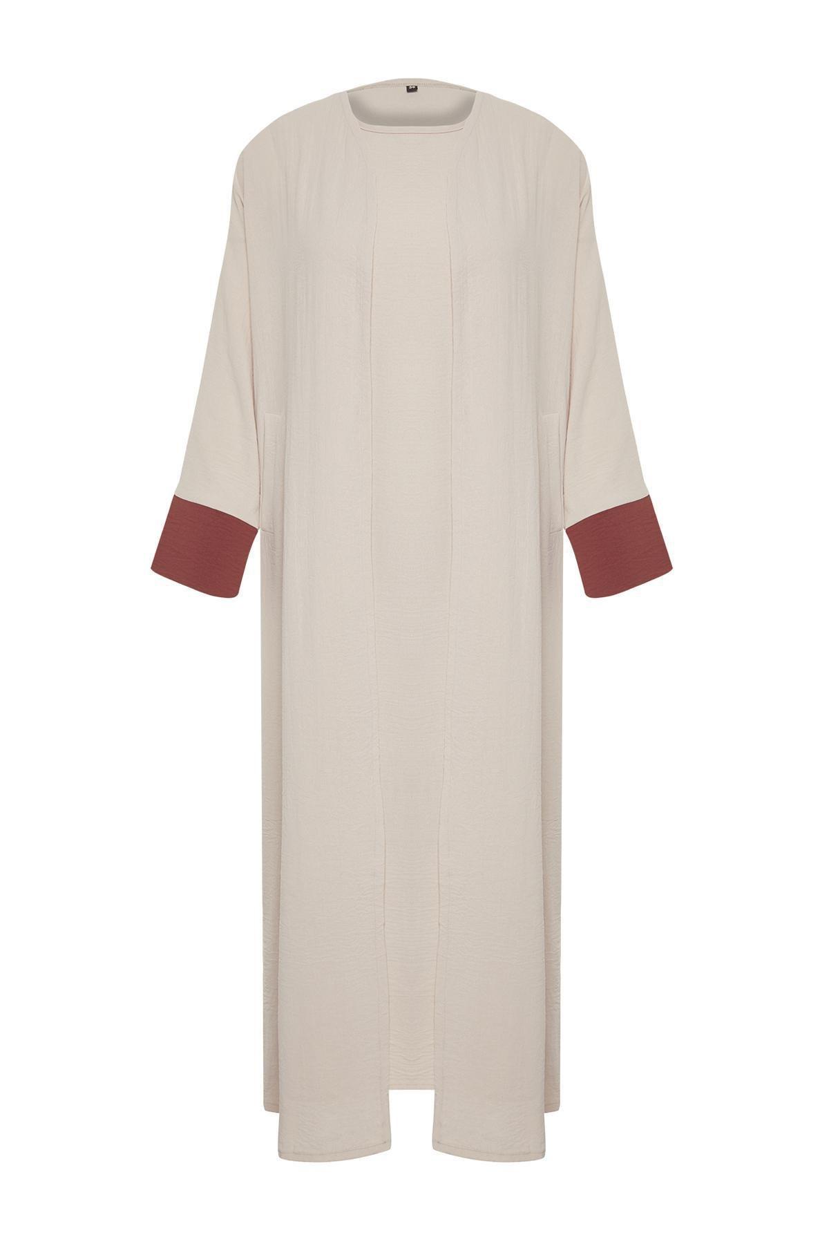 Beige Colour Block Abaya Set, , large image number 5