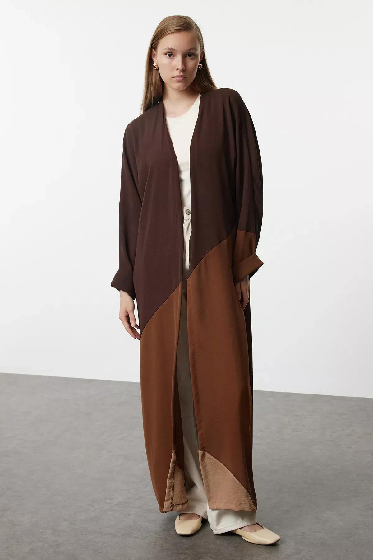 Brown Colorblock Cap Abaya, , large image number 0