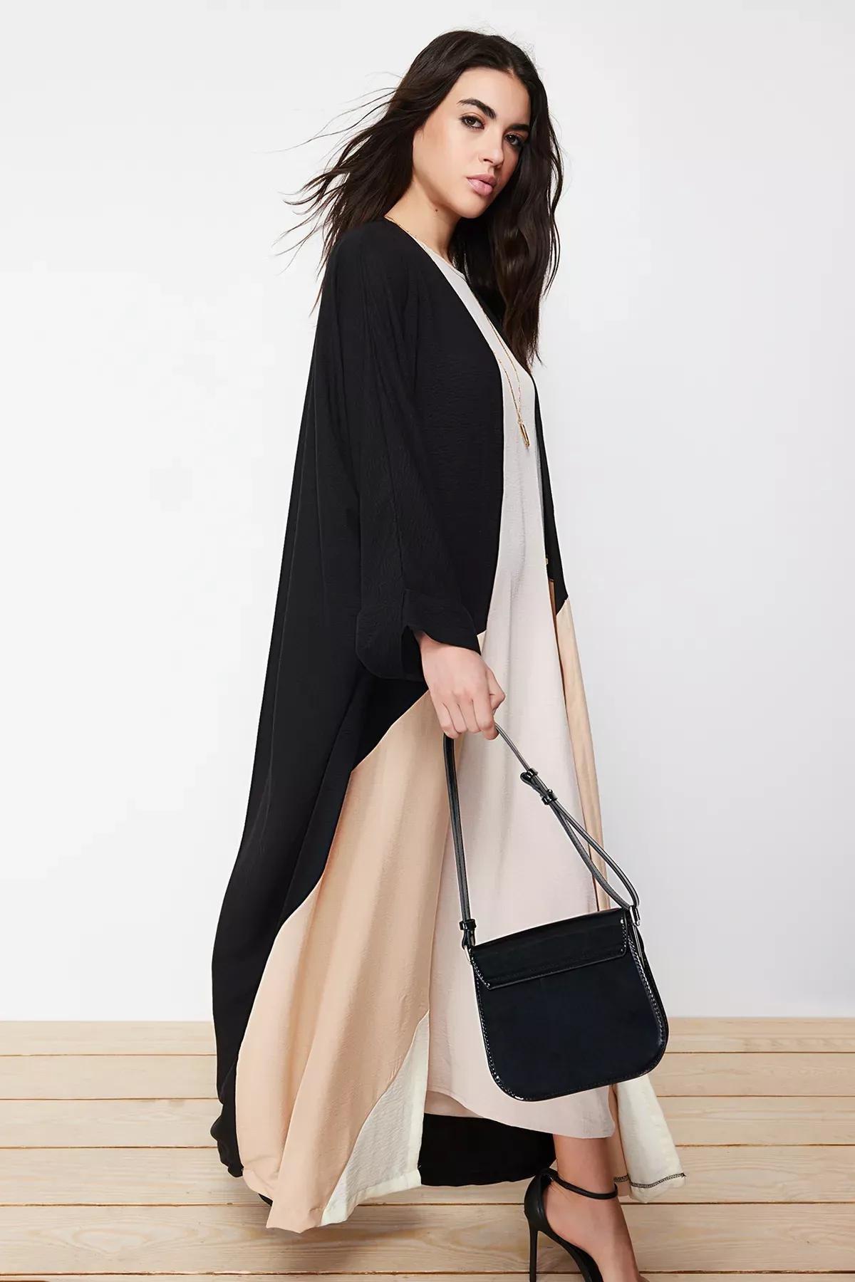 Beige-Grey Colour Blocked Long Cap Abaya, , large image number 0
