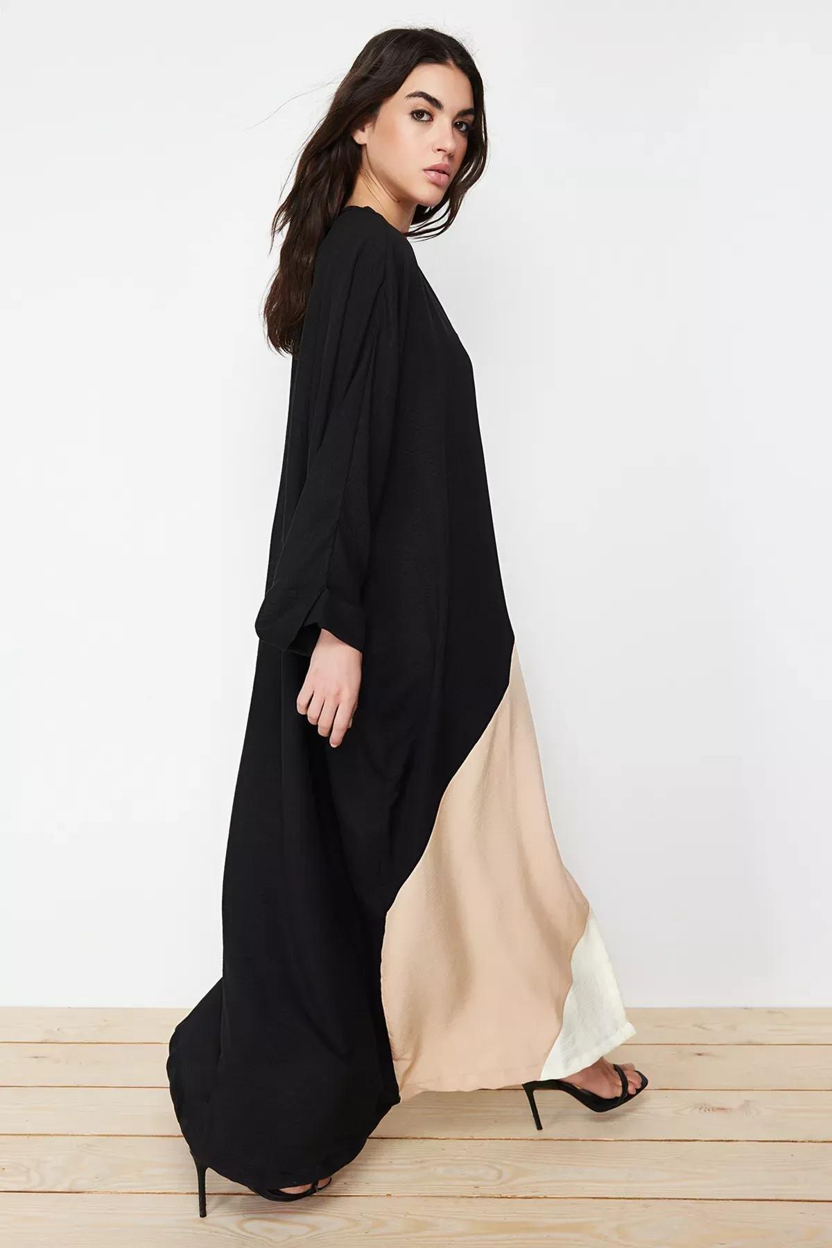 Beige-Grey Colour Blocked Long Cap Abaya, , large image number 1