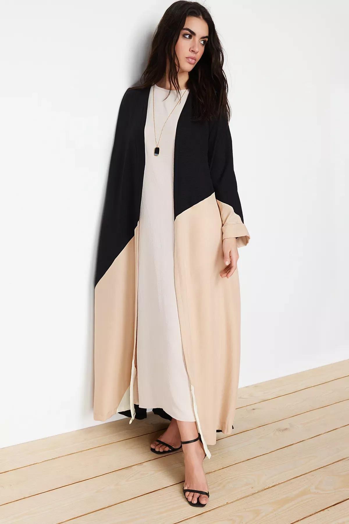Beige-Grey Colour Blocked Long Cap Abaya, , large image number 2