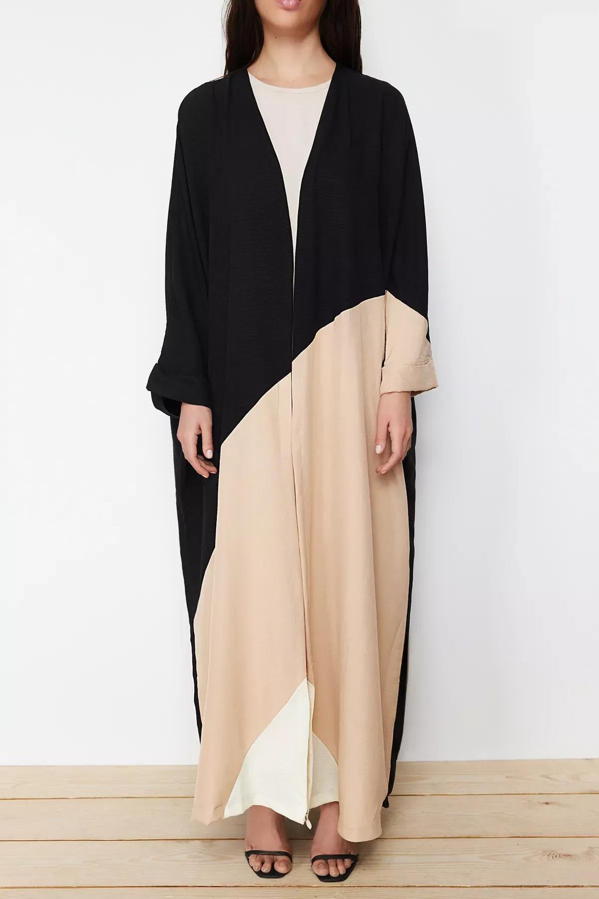 Beige-Grey Colour Blocked Long Cap Abaya, , large image number 3