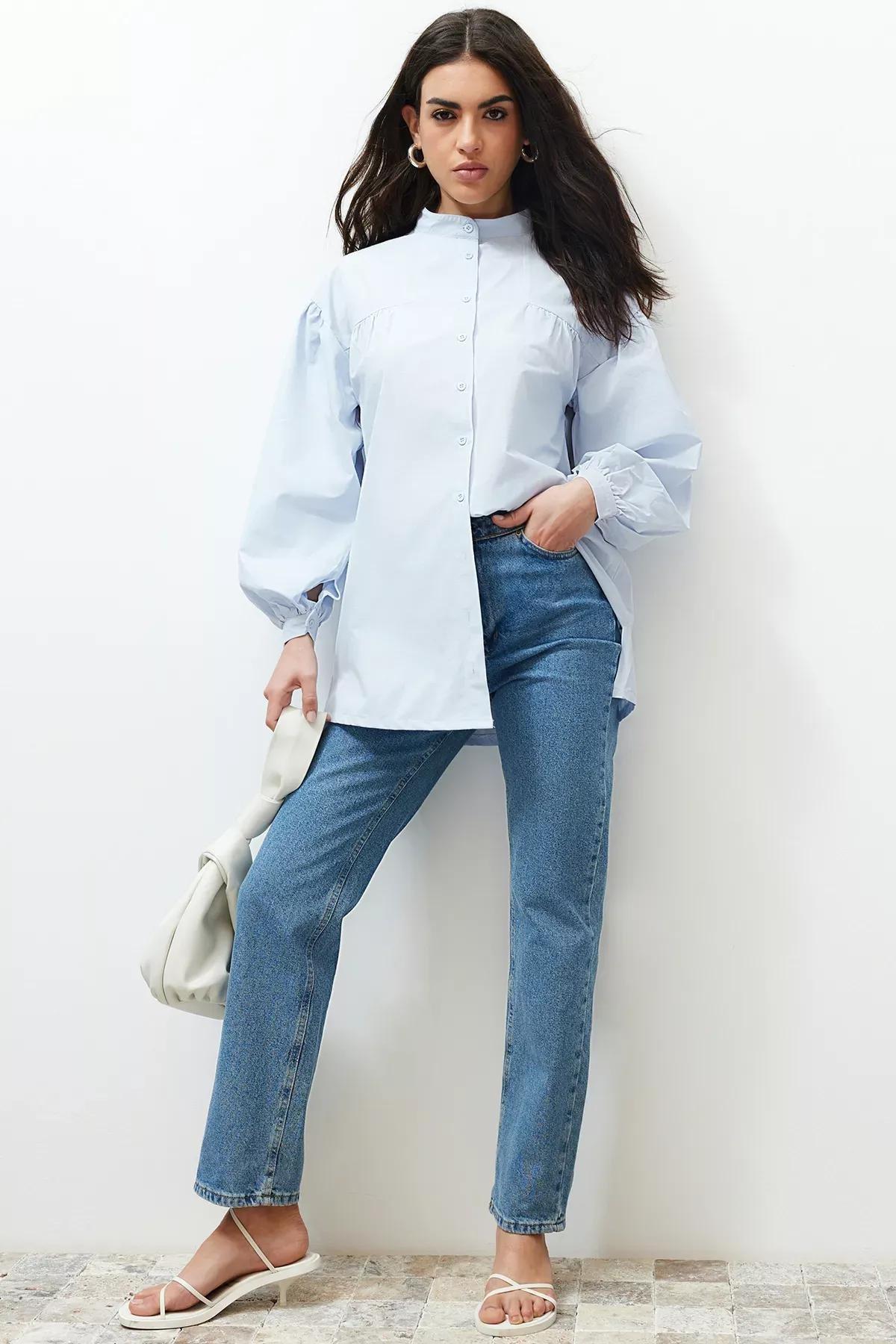 Blue Ruffled Detailed Cotton Shirt, LIGHT BLUE, large image number 0