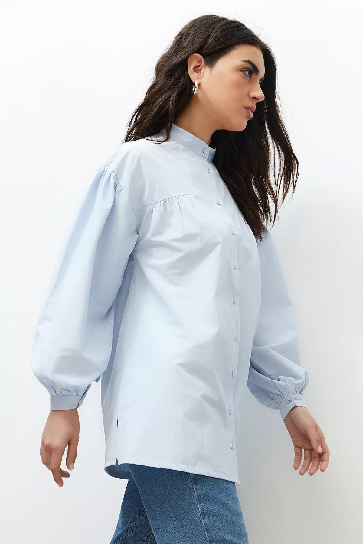 Blue Ruffled Detailed Cotton Shirt, LIGHT BLUE, large image number 1