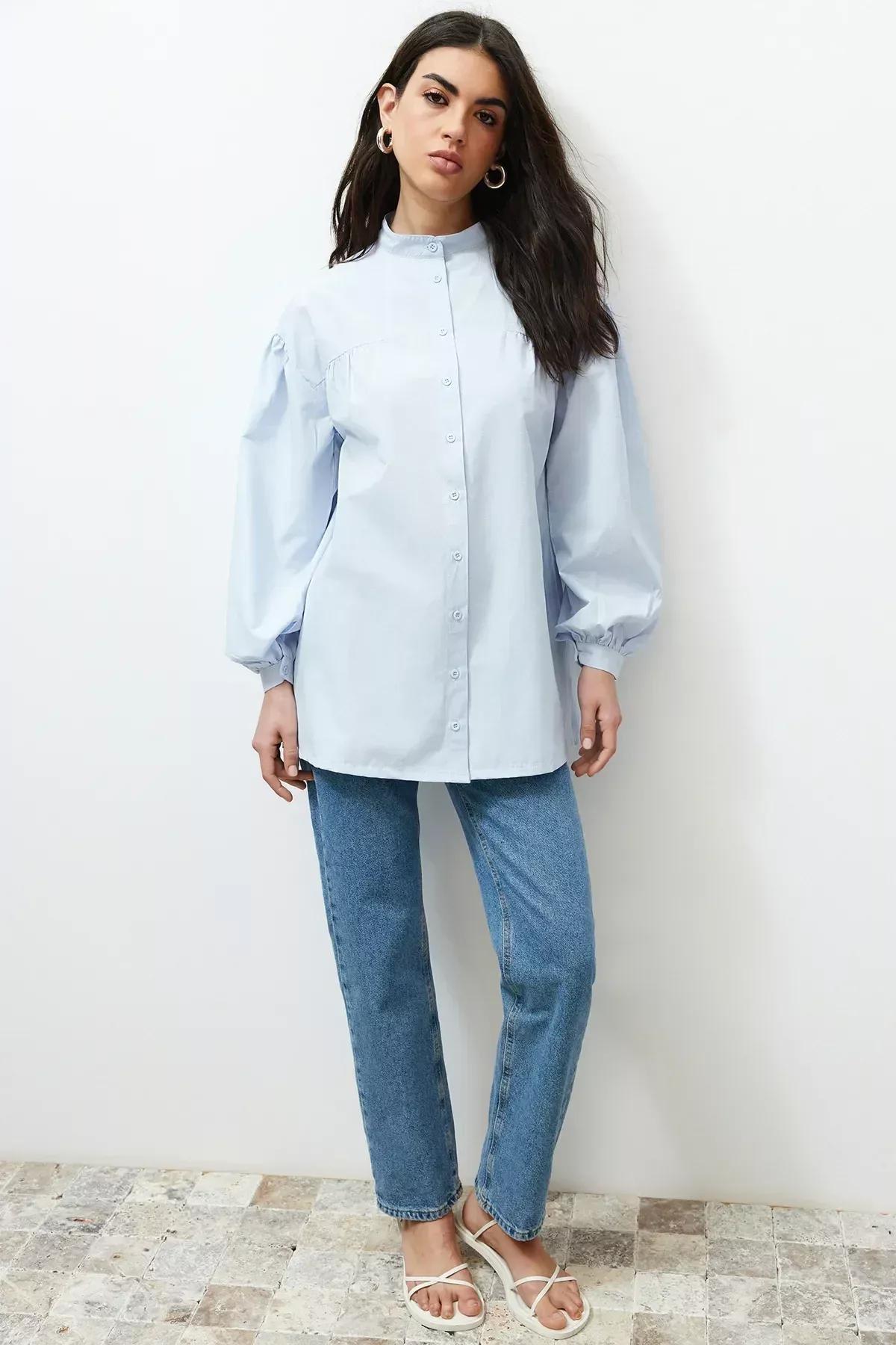 Blue Ruffled Detailed Cotton Shirt, LIGHT BLUE, large image number 2