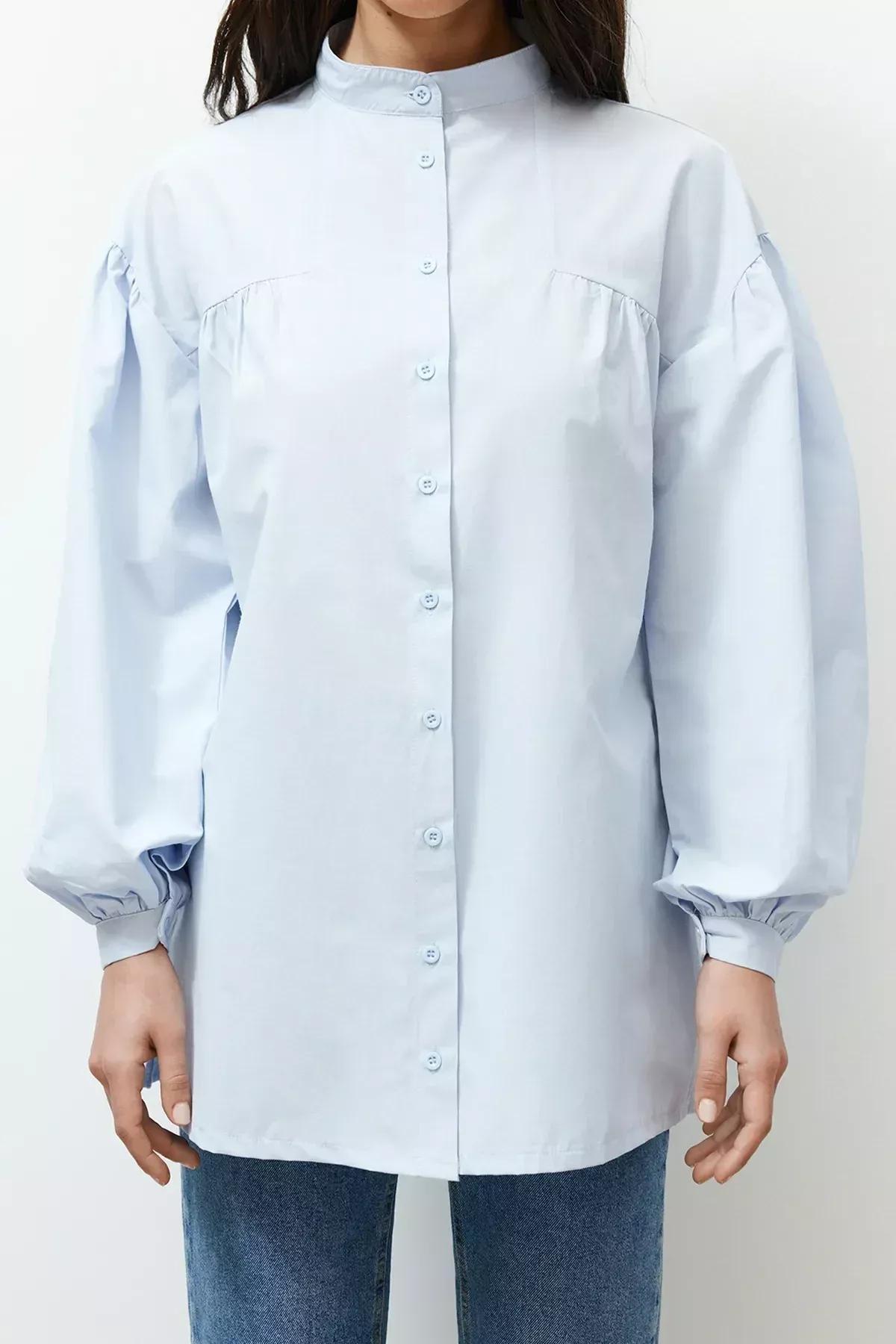 Blue Ruffled Detailed Cotton Shirt, LIGHT BLUE, large image number 4