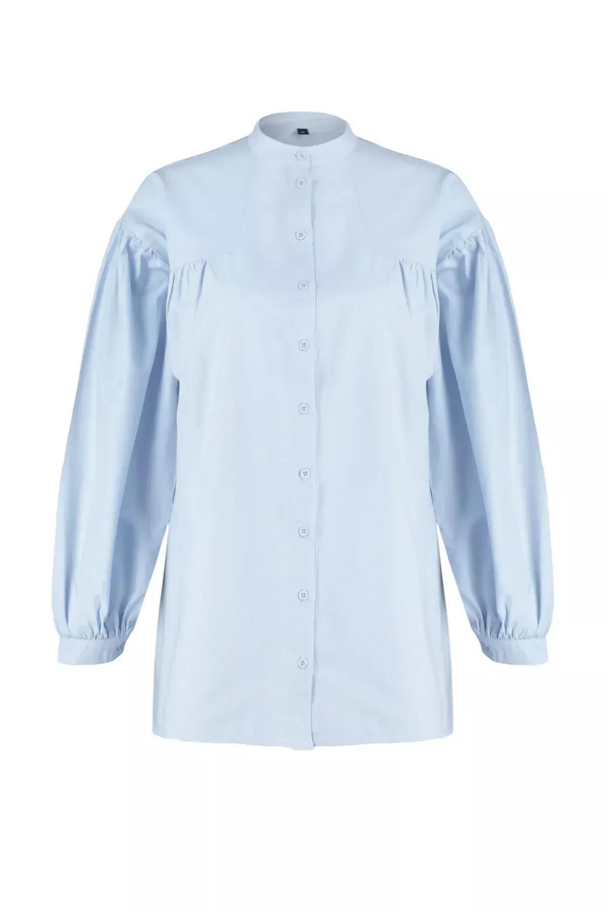 Blue Ruffled Detailed Cotton Shirt, LIGHT BLUE, large image number 5