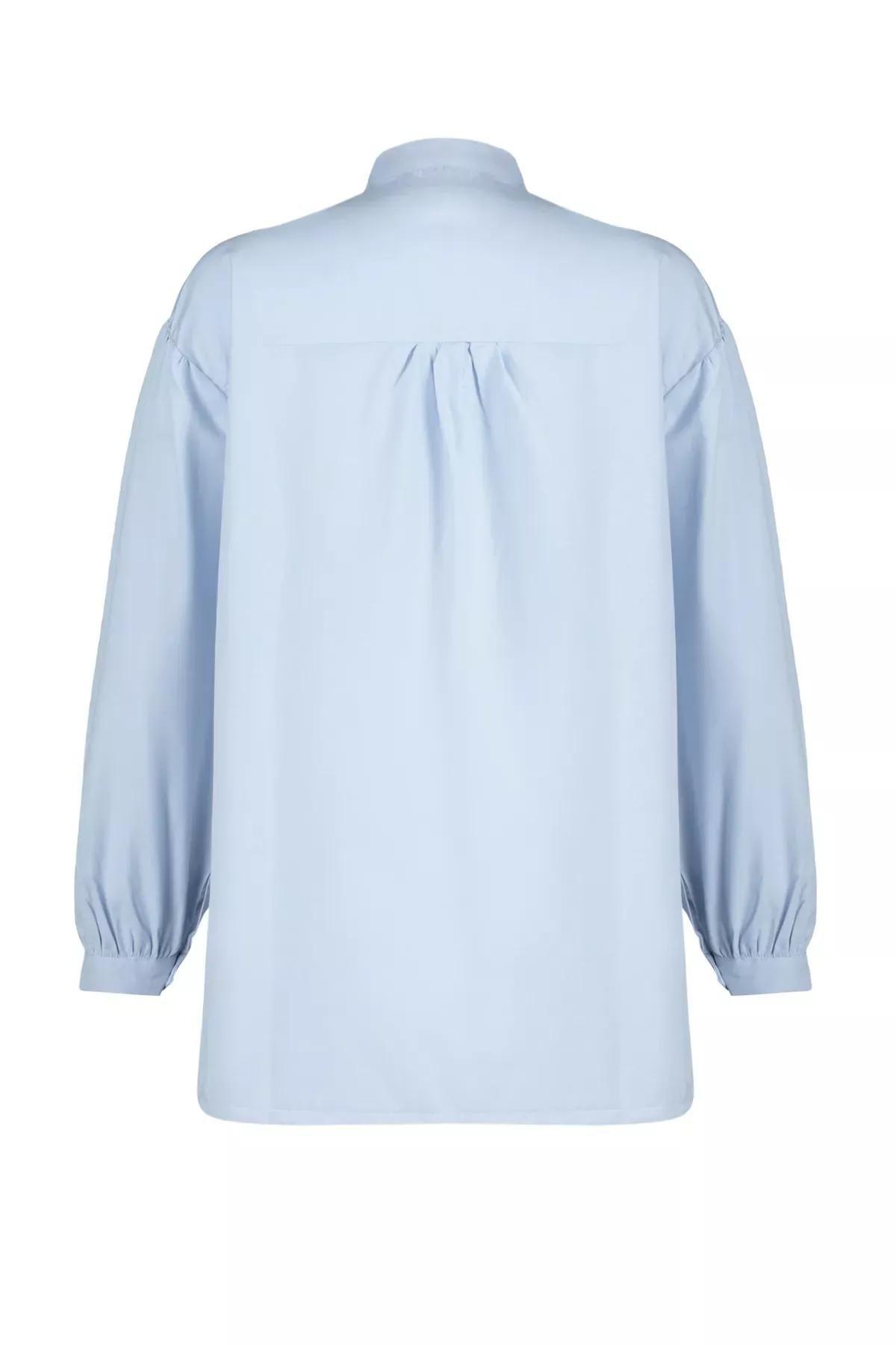 Blue Ruffled Detailed Cotton Shirt, LIGHT BLUE, large image number 6