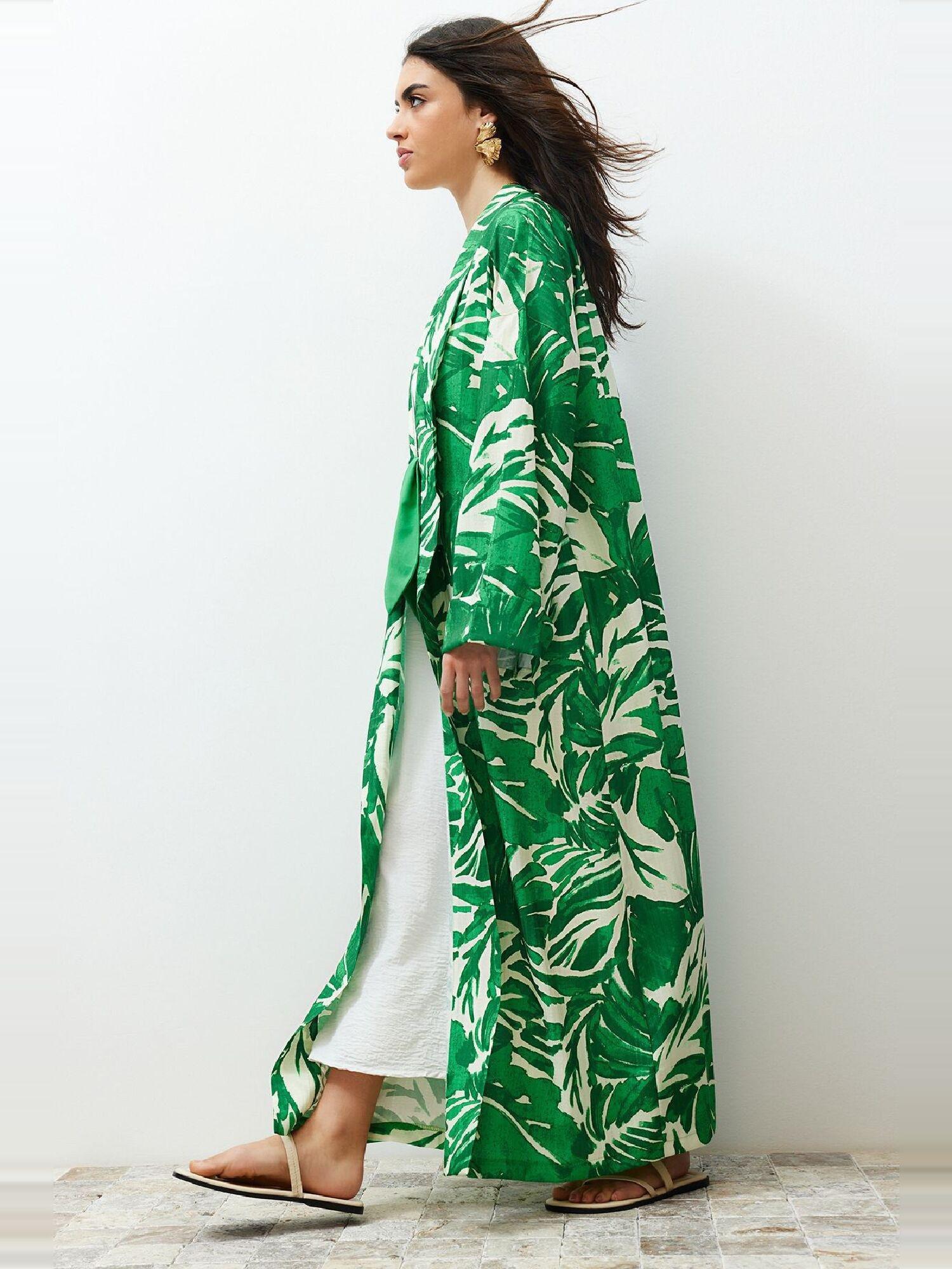 Green Tropical Pattern Long Kimono, , large image number 0