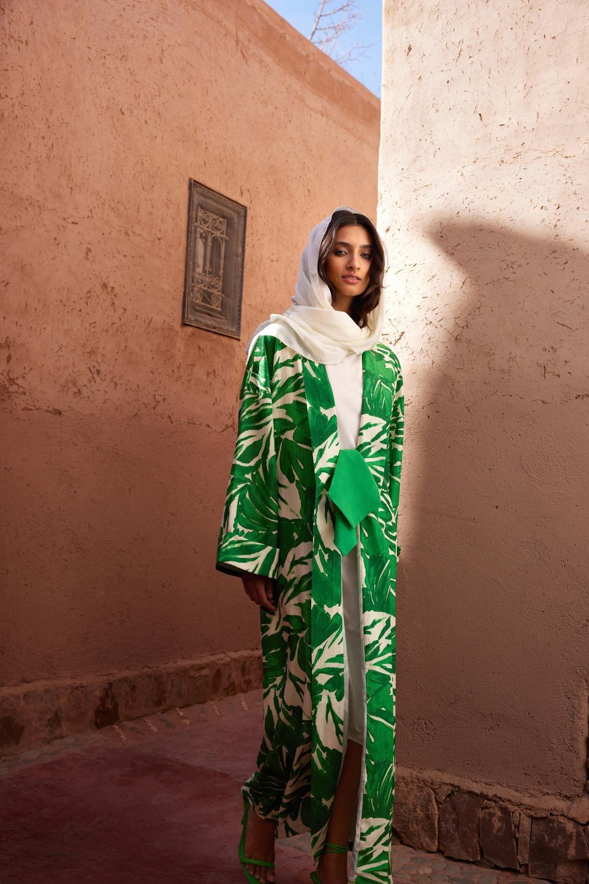 Green Tropical Pattern Long Kimono, , large image number 1