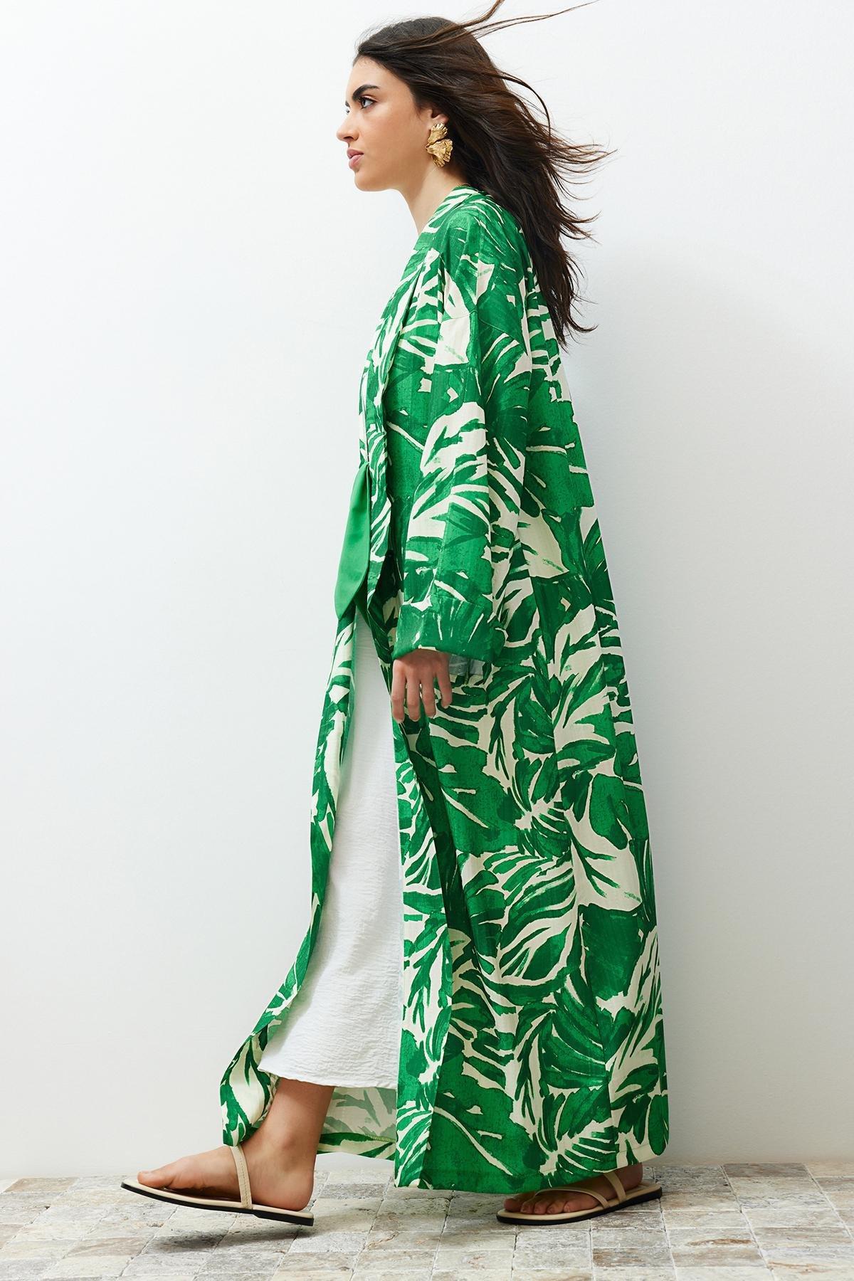 Green Tropical Pattern Long Kimono, , large image number 3