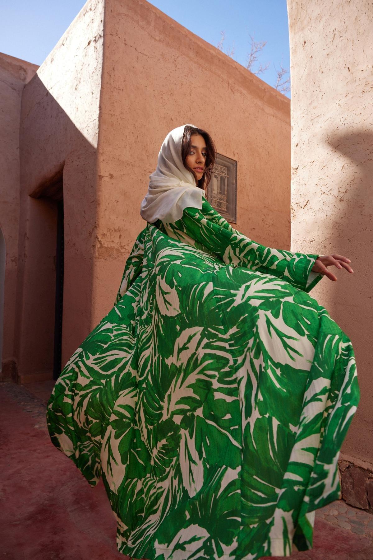 Green Tropical Pattern Long Kimono, , large image number 4