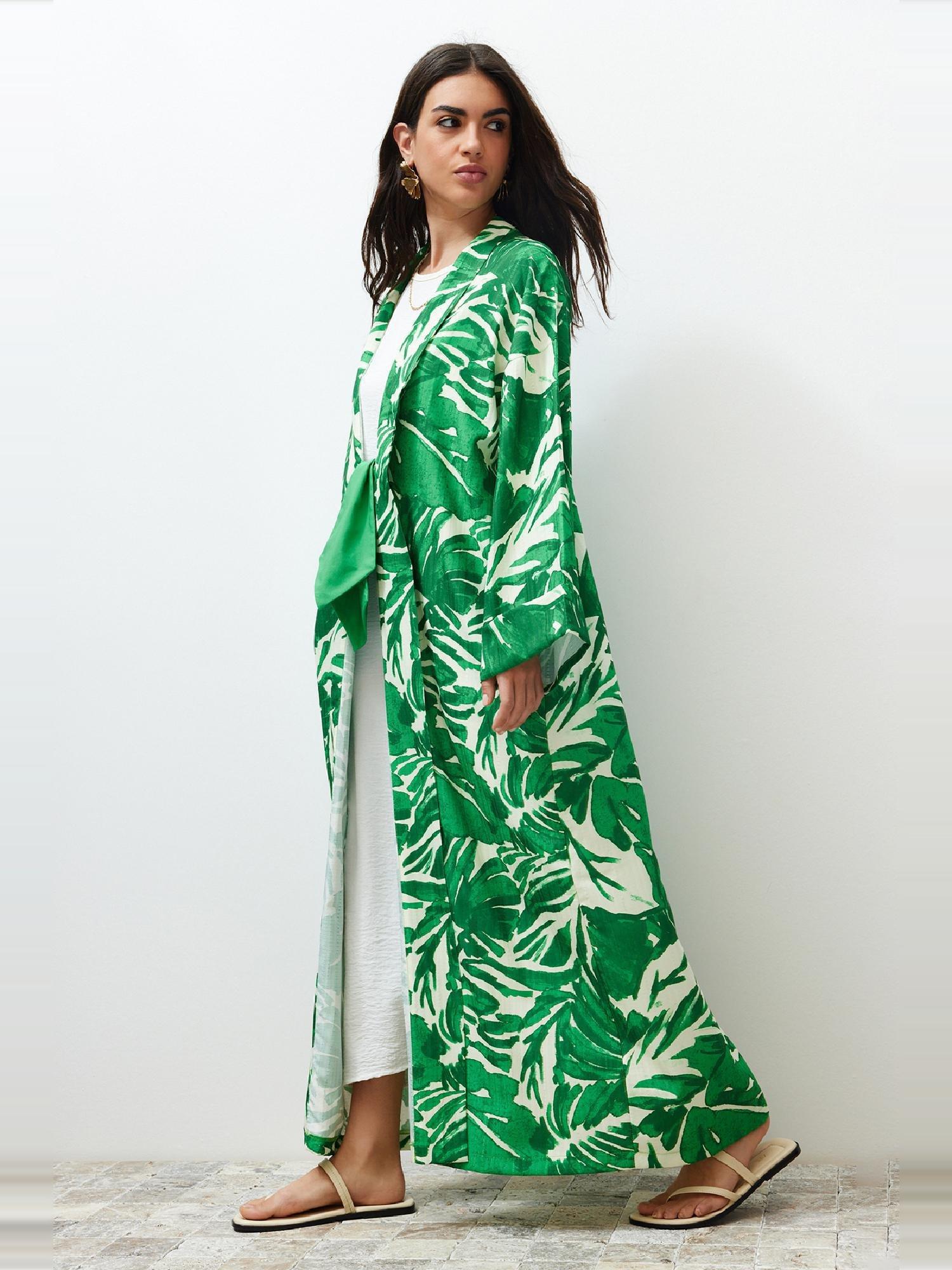 Green Tropical Pattern Long Kimono, , large image number 5