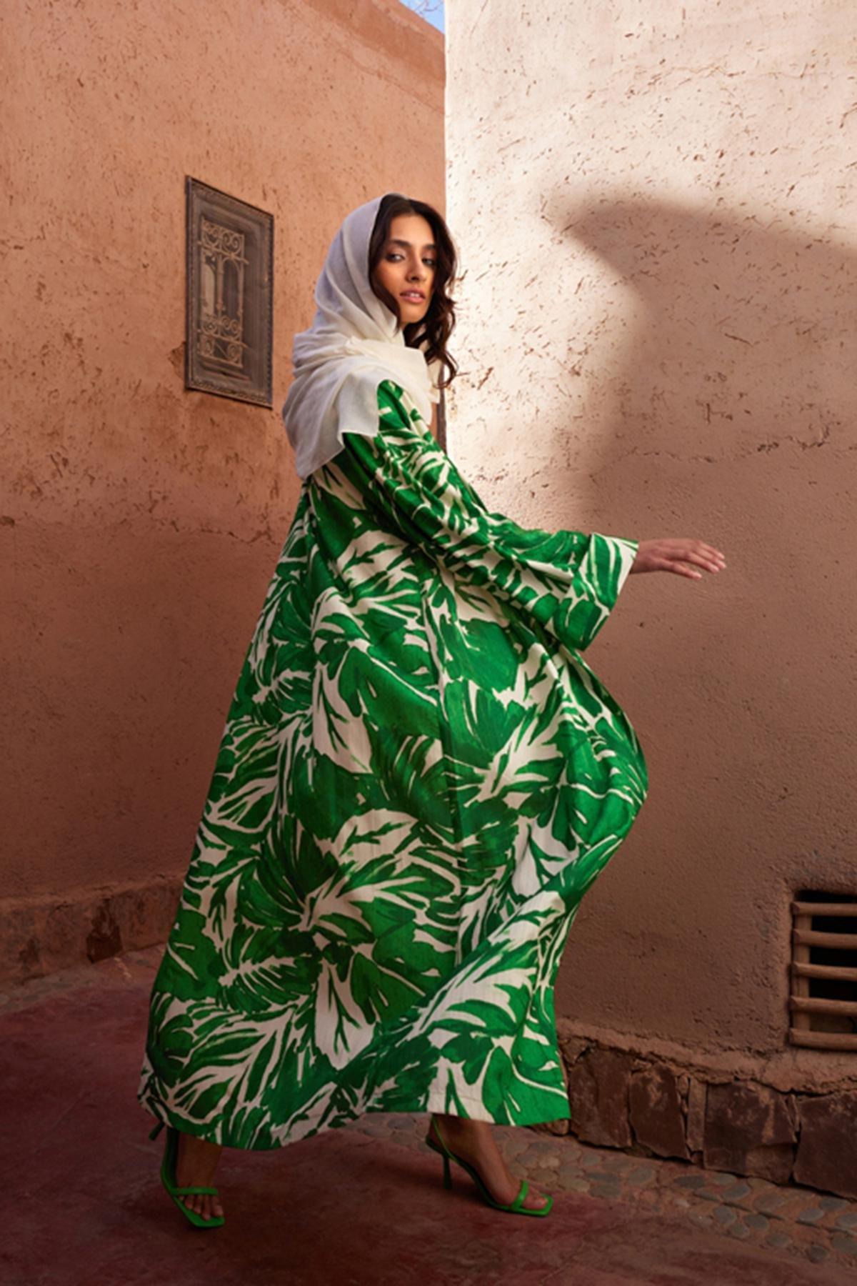 Green Tropical Pattern Long Kimono, , large image number 6
