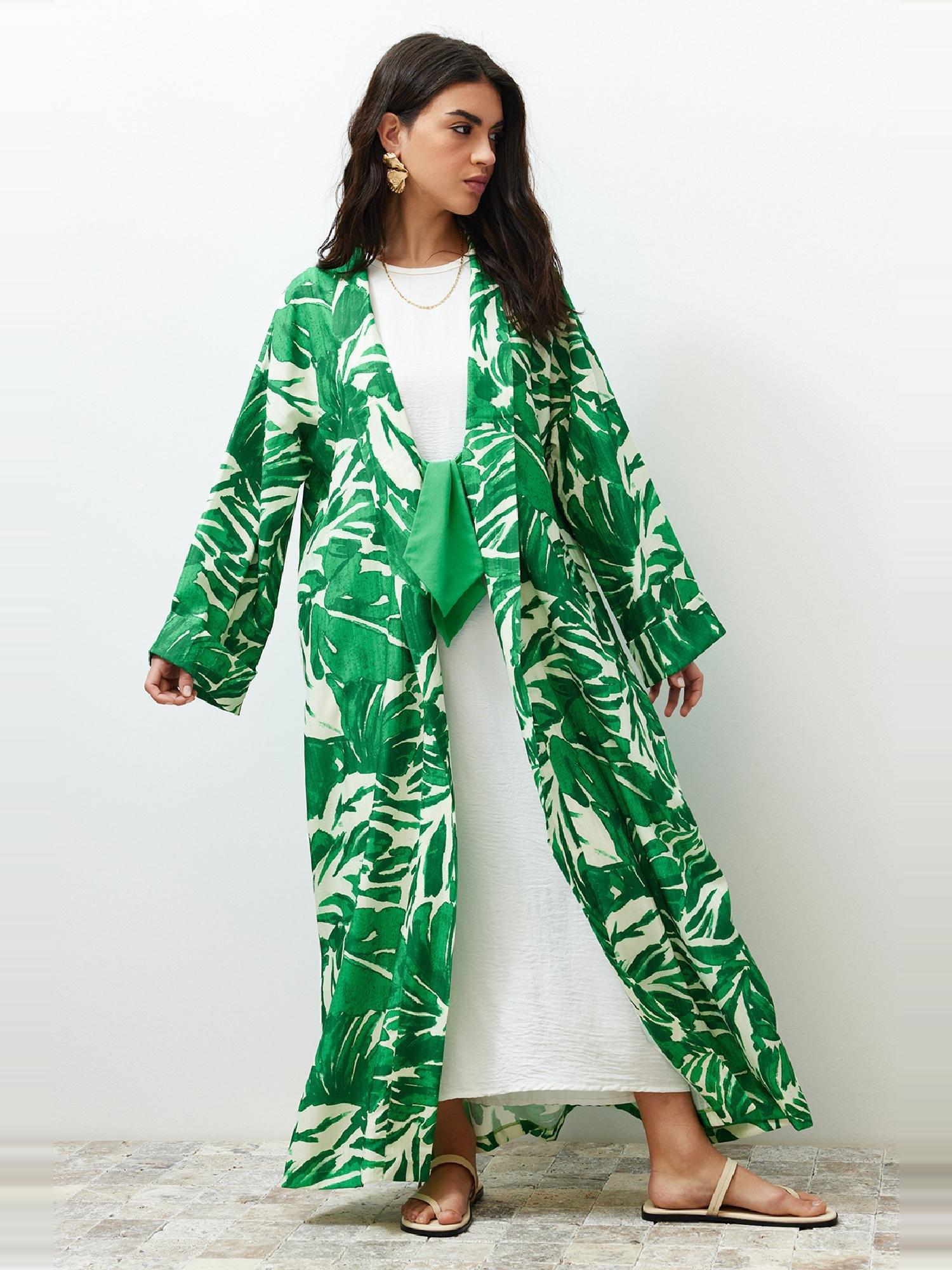 Green Tropical Pattern Long Kimono, , large image number 7