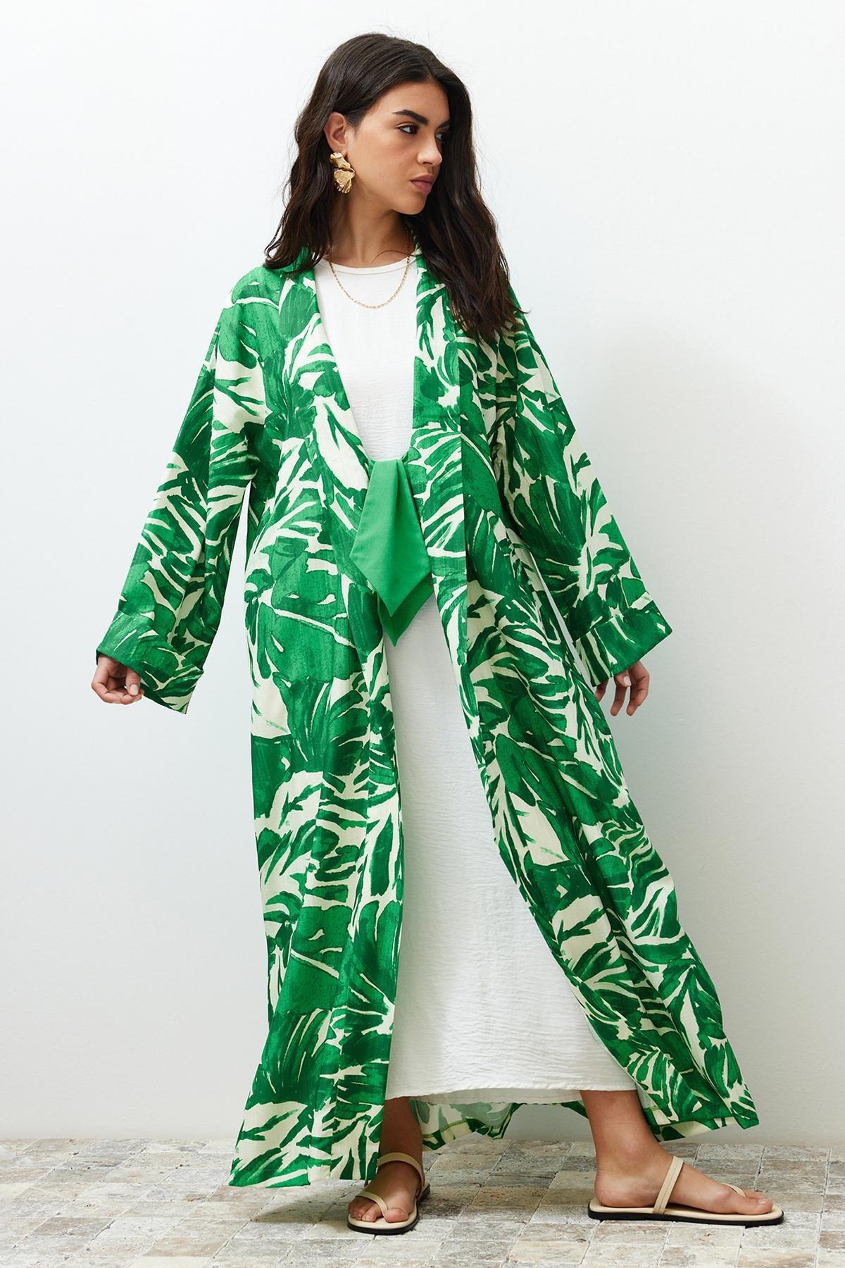 Green Tropical Pattern Long Kimono, , large image number 8