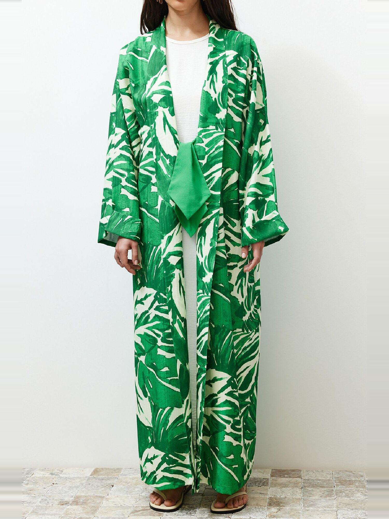 Green Tropical Pattern Long Kimono, , large image number 9