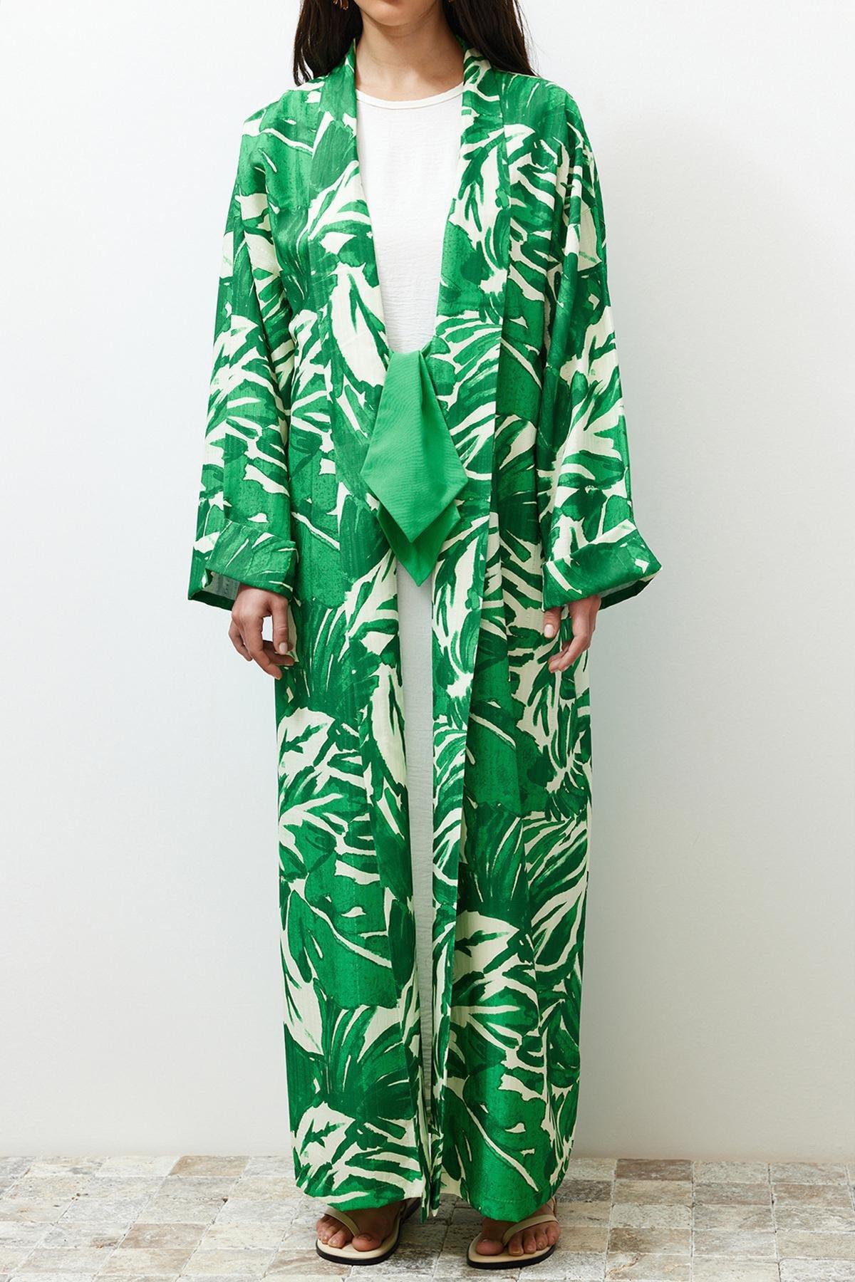 Green Tropical Pattern Long Kimono, , large image number 10