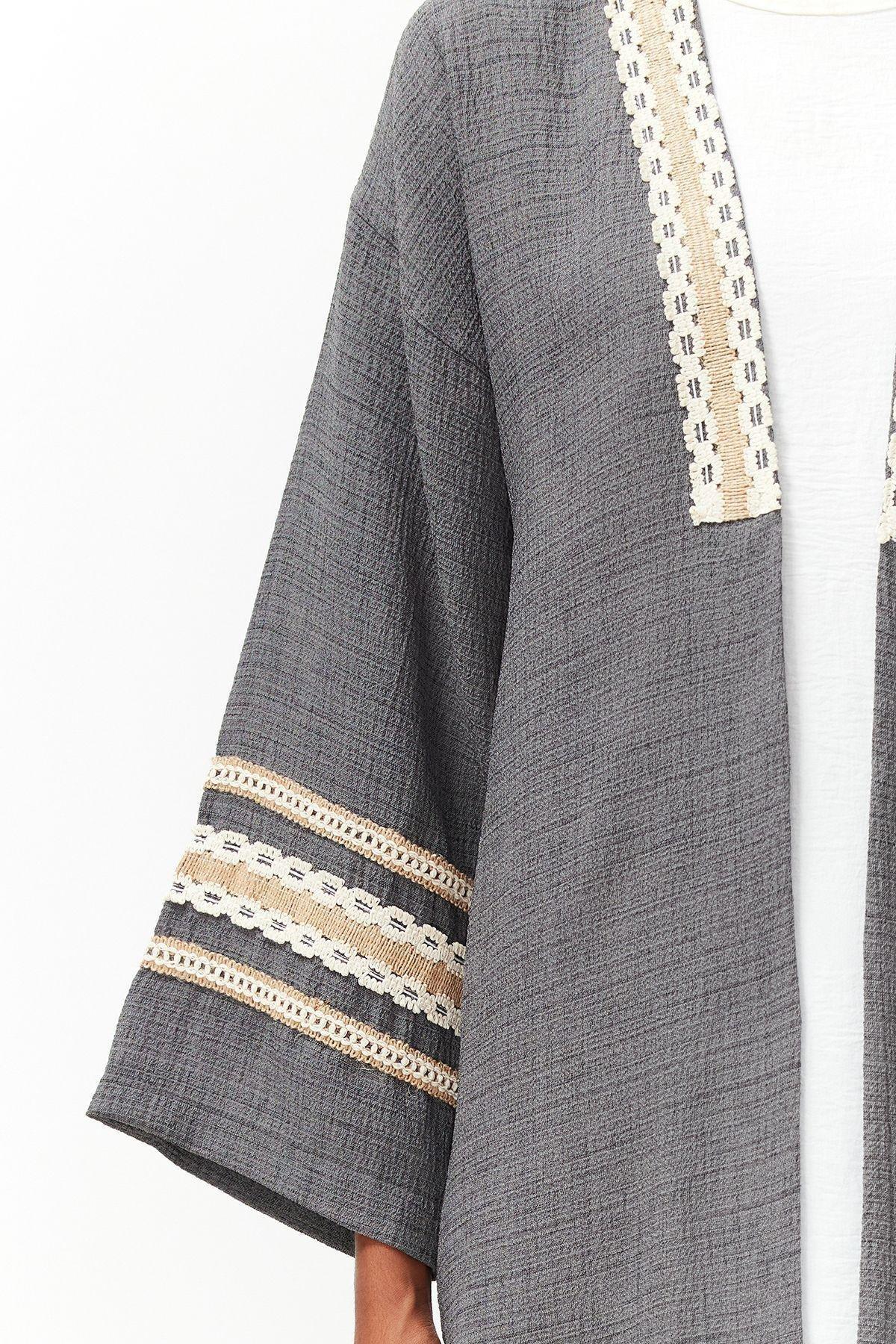Grey Detailed Long Woven Kimono, , large image number 0