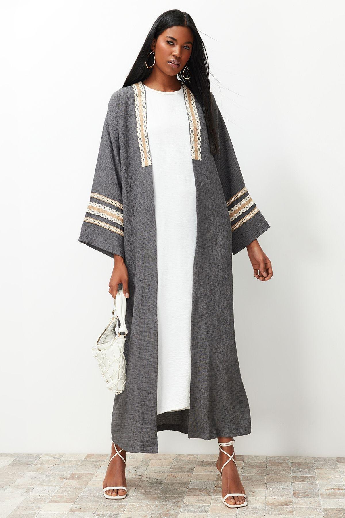 Grey Detailed Long Woven Kimono, , large image number 1