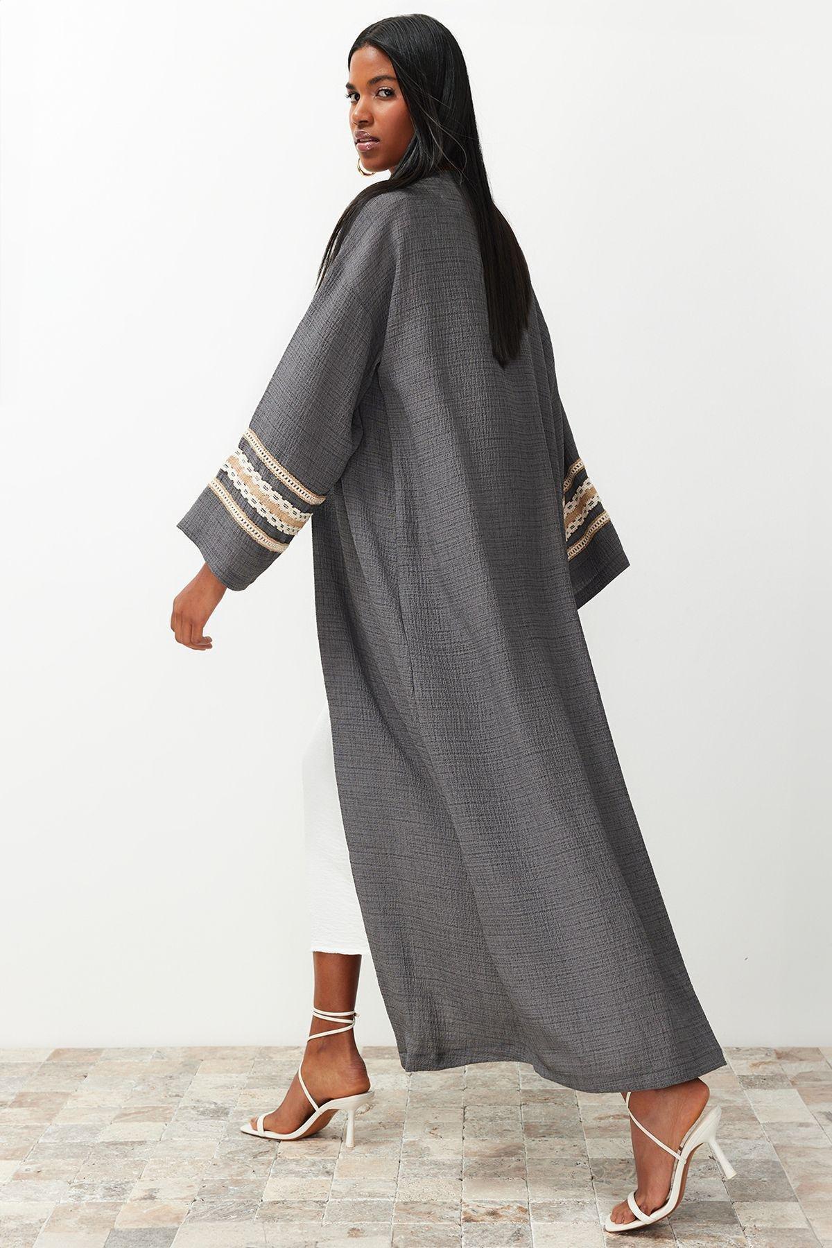 Grey Detailed Long Woven Kimono, , large image number 2