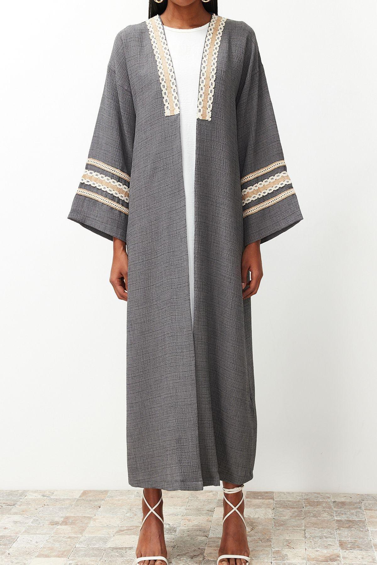 Grey Detailed Long Woven Kimono, , large image number 3