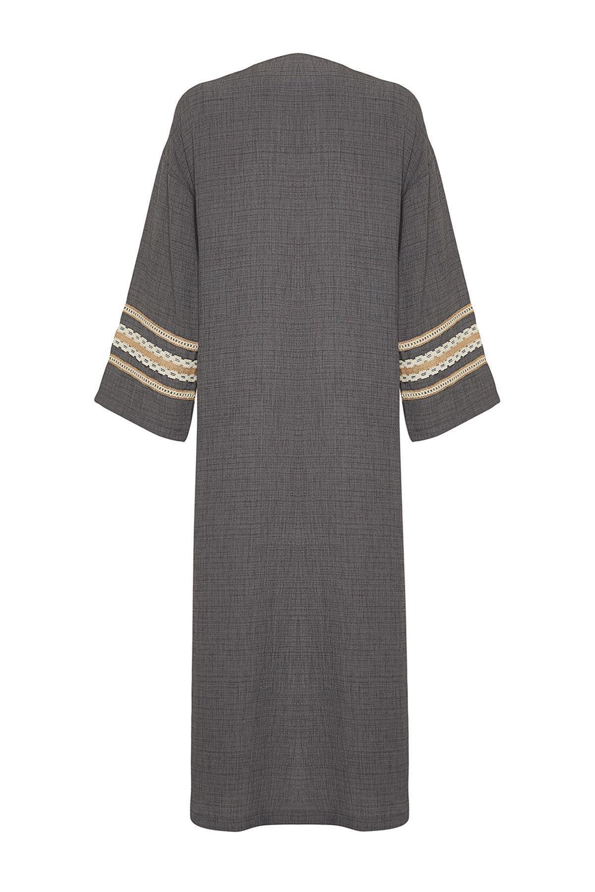 Grey Detailed Long Woven Kimono, , large image number 4