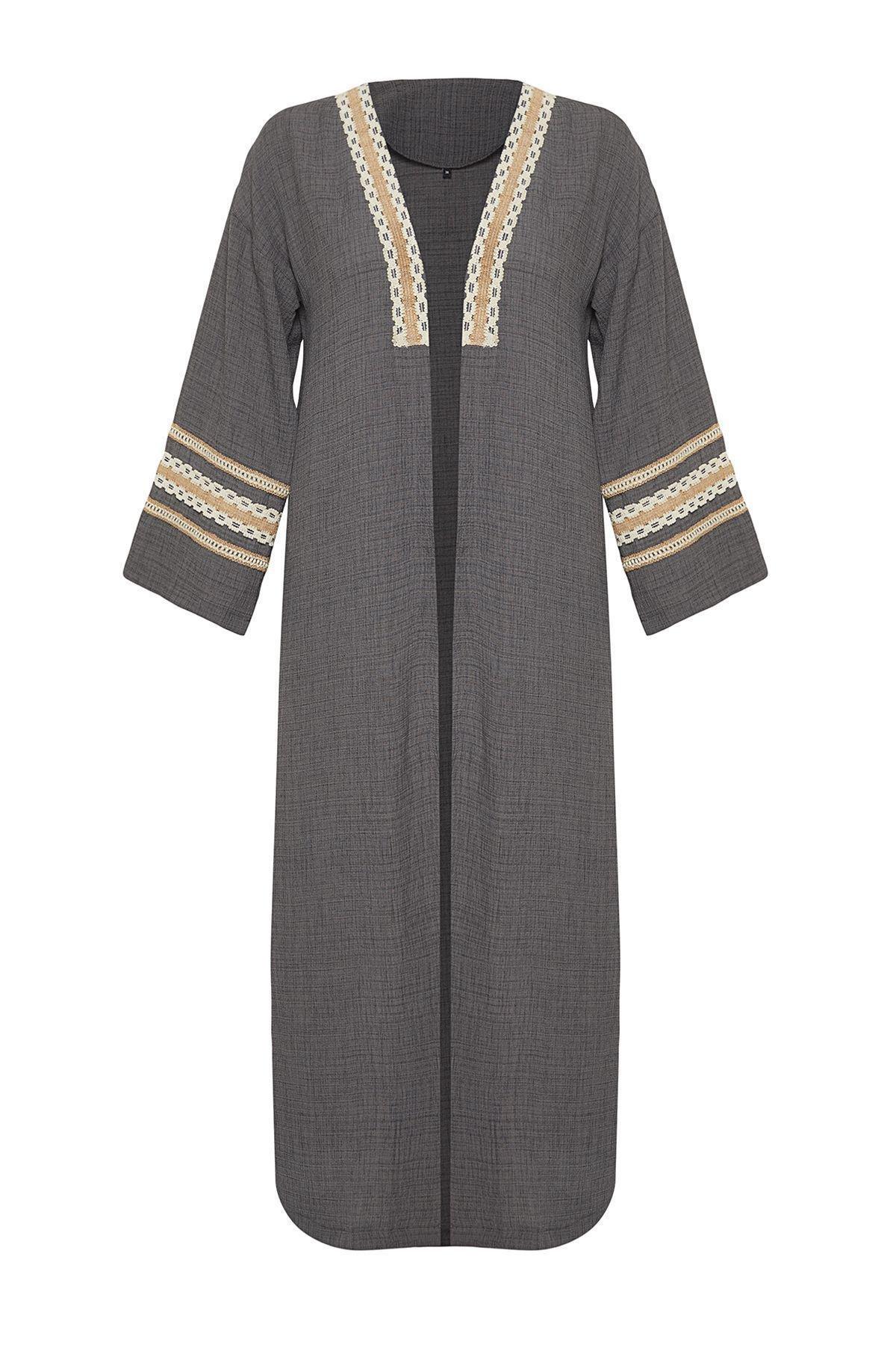 Grey Detailed Long Woven Kimono, , large image number 5