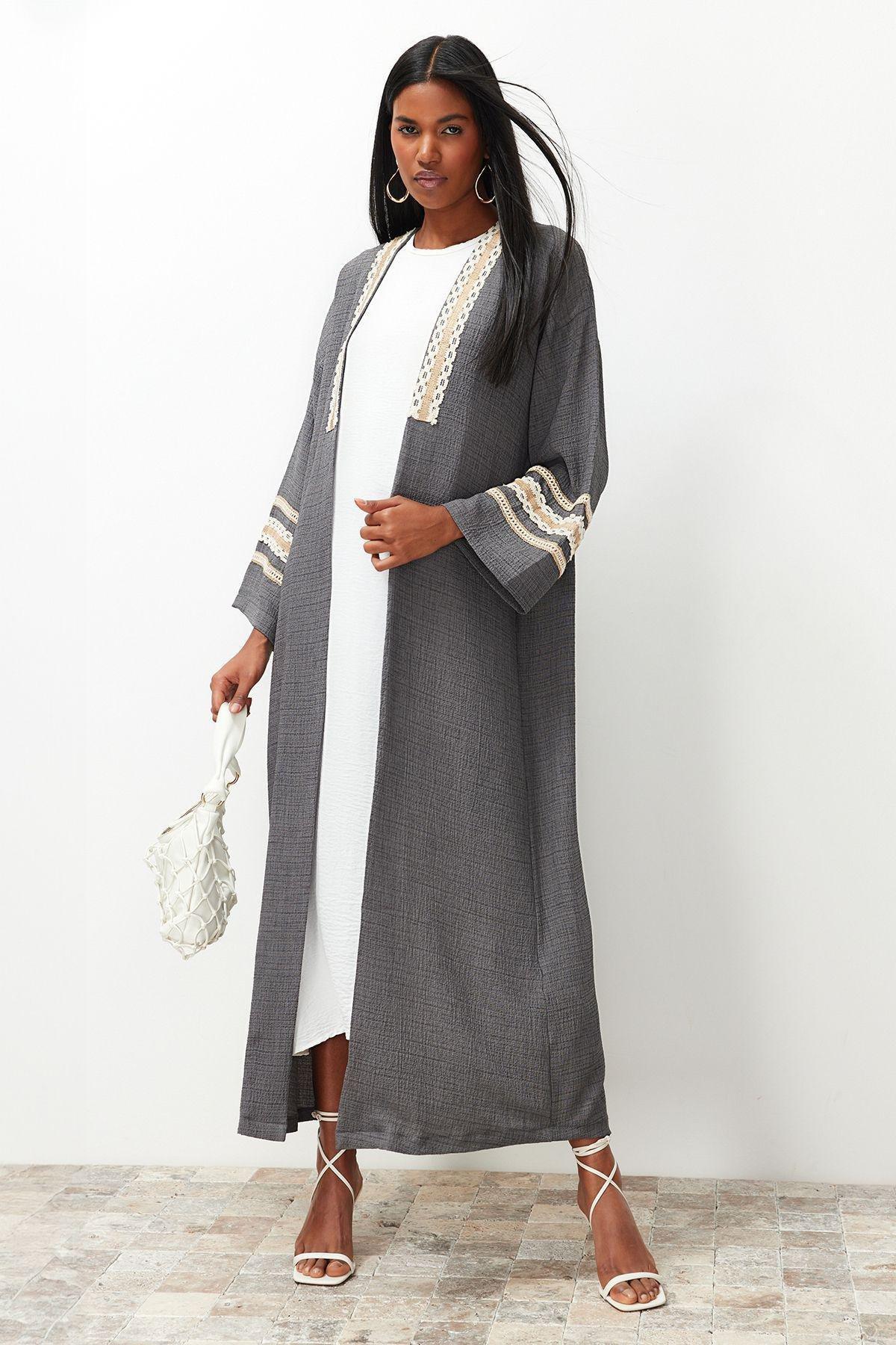 Grey Detailed Long Woven Kimono, , large image number 6