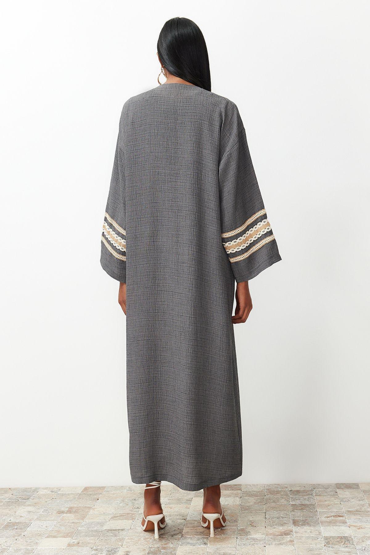 Grey Detailed Long Woven Kimono, , large image number 7