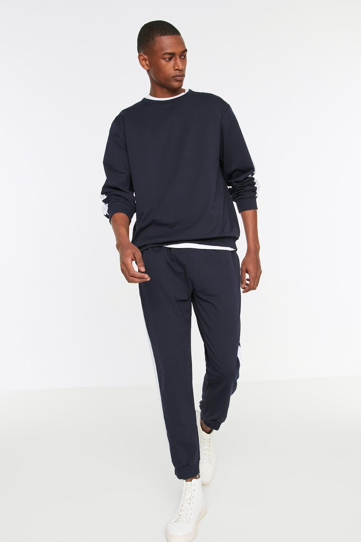 Navy Plain Crew Neck Pajama Set, , medium