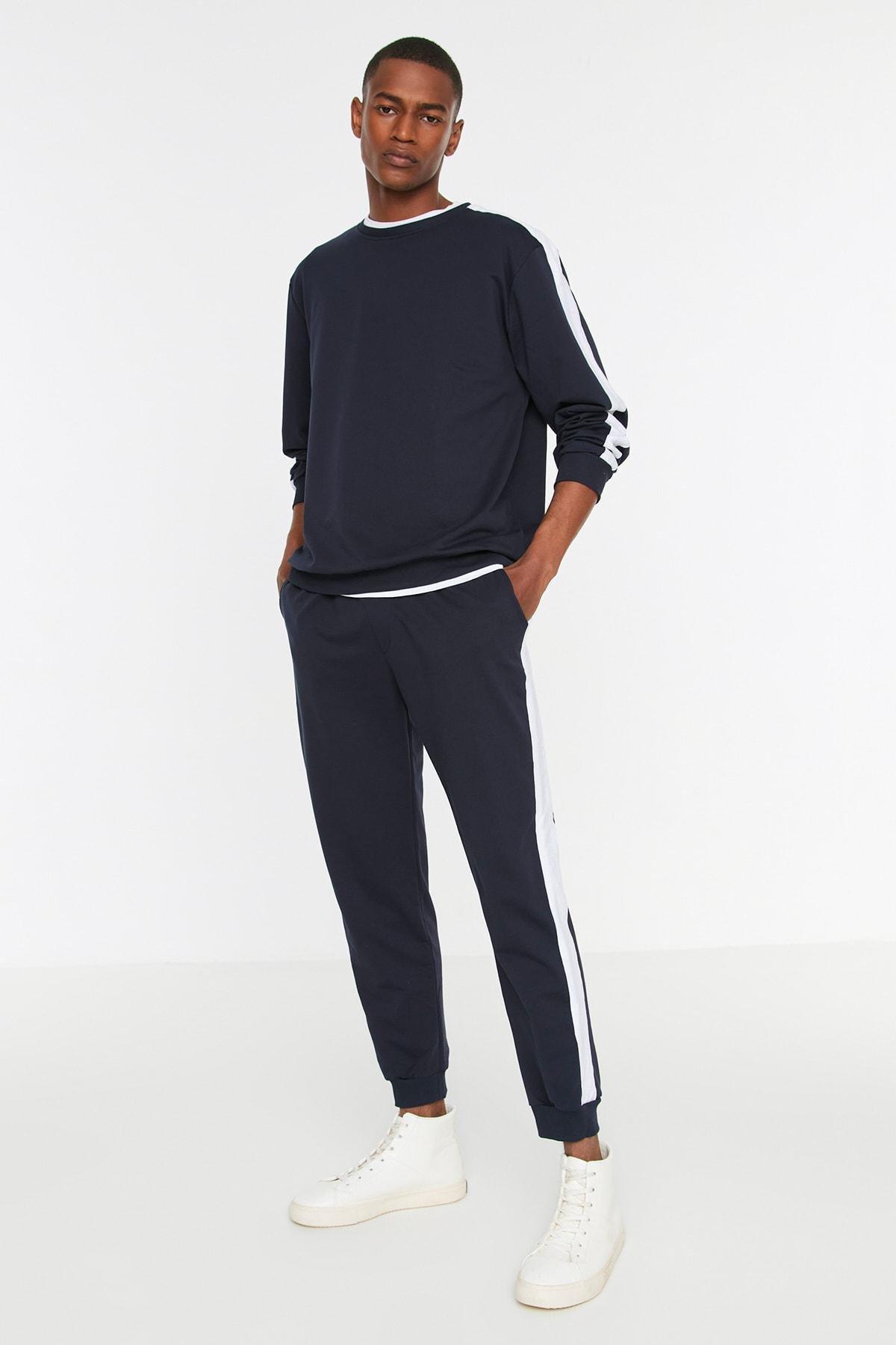 Navy Plain Crew Neck Pajama Set, , large image number 1
