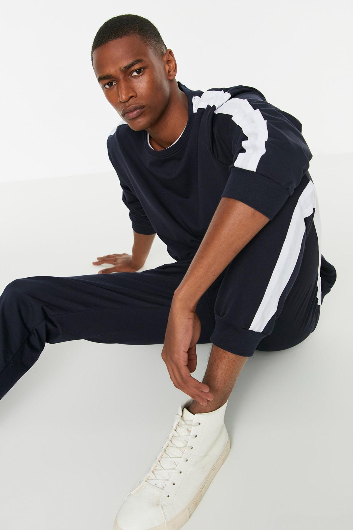Navy Plain Crew Neck Pajama Set, , large image number 2