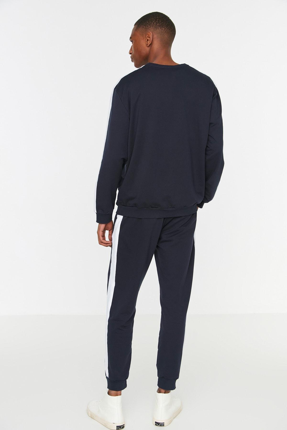 Navy Plain Crew Neck Pajama Set, , large image number 4