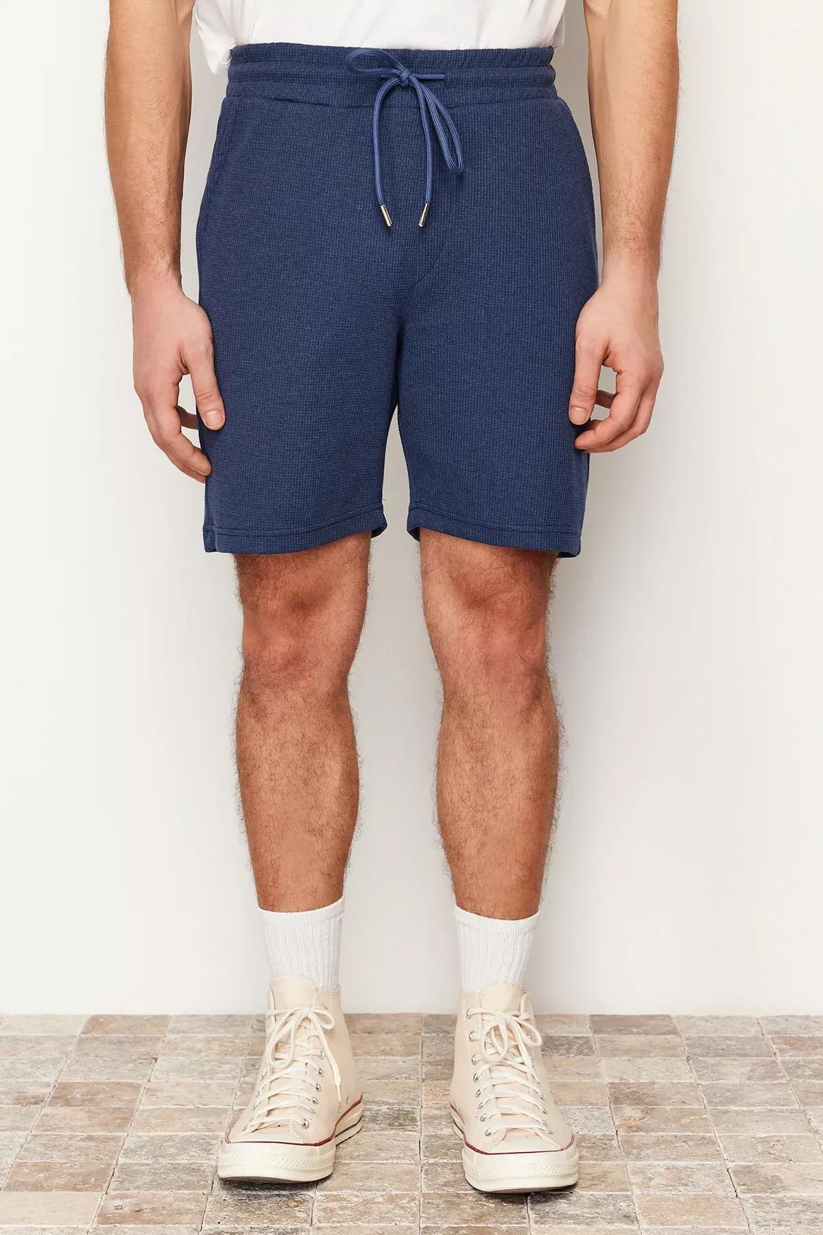 Navy Slim Textured Waffle Elastic Waist Shorts, , large image number 0