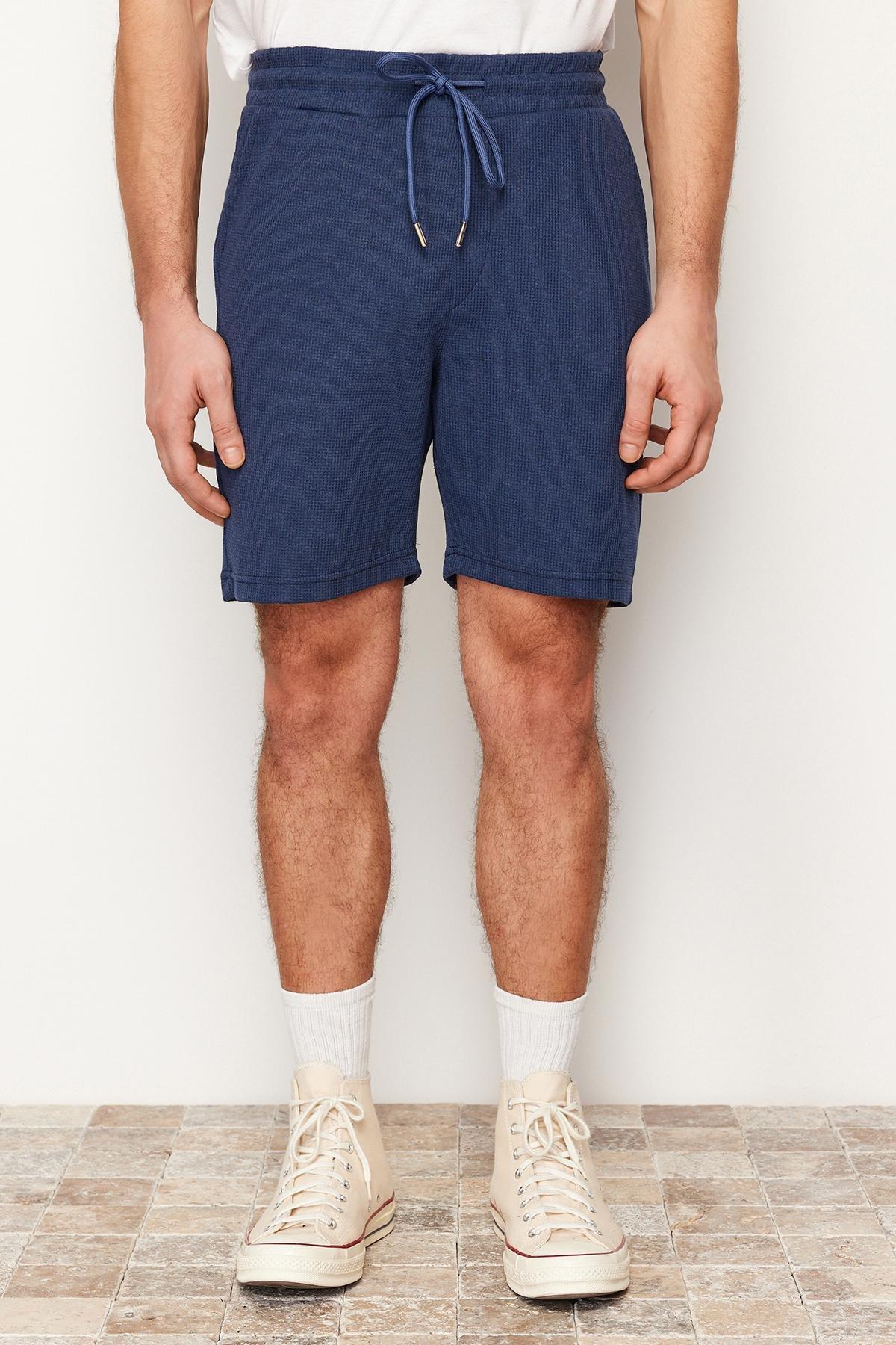 Navy Slim Textured Waffle Elastic Waist Shorts, , large image number 0