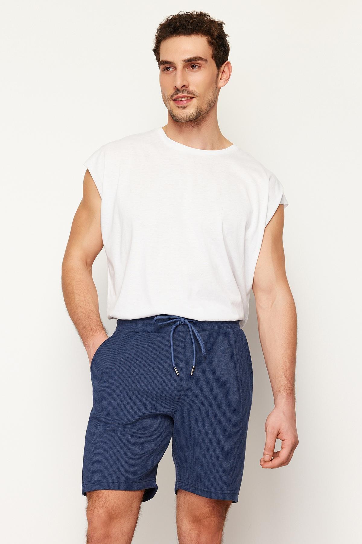 Navy Slim Textured Waffle Elastic Waist Shorts, , large image number 1