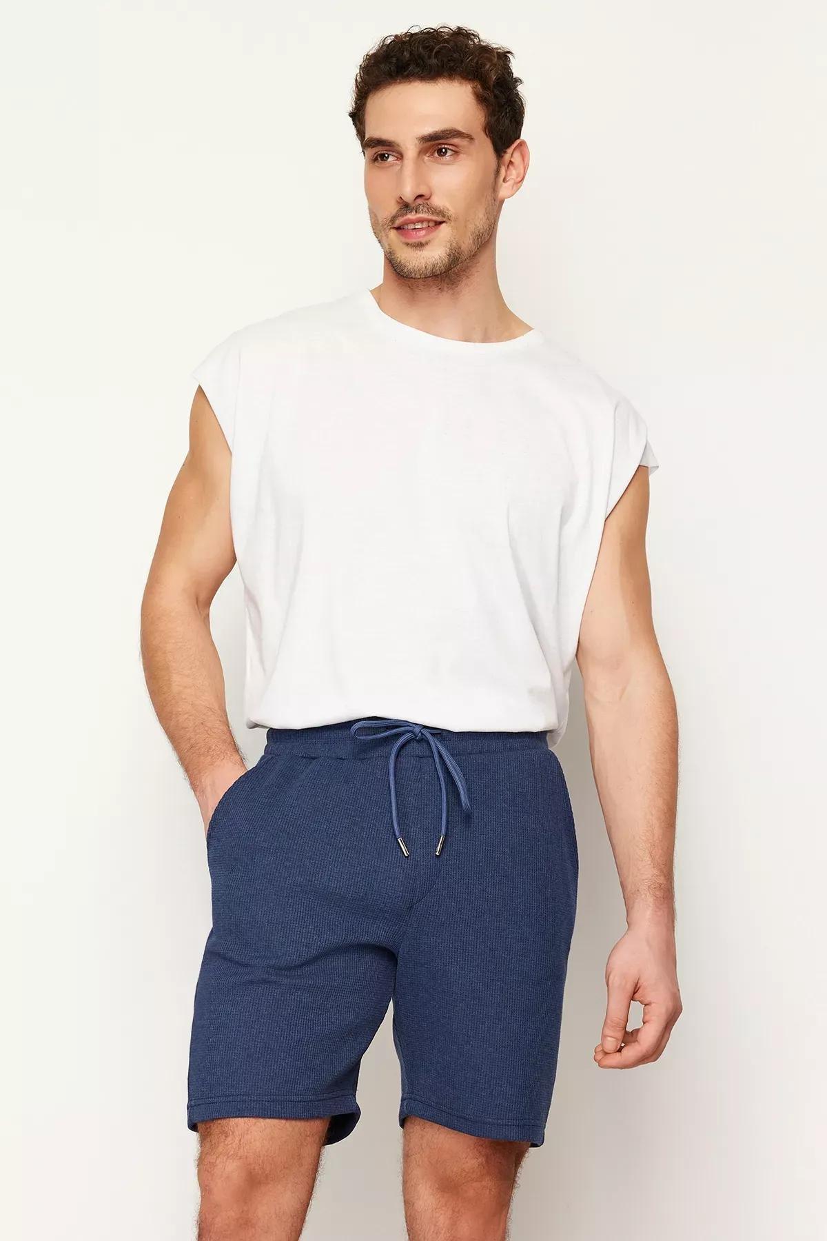 Navy Slim Textured Waffle Elastic Waist Shorts, Indigo, large image number 1