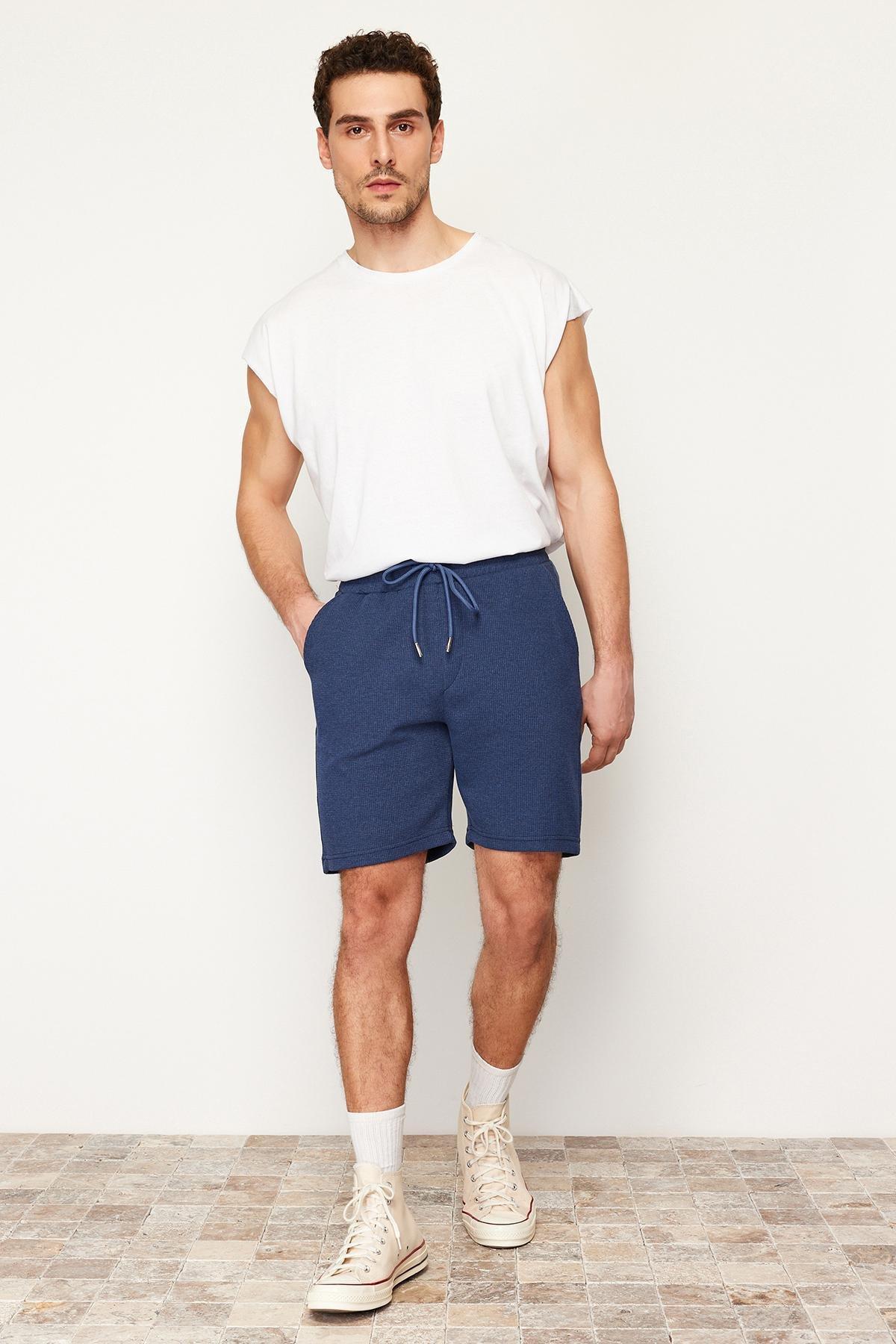 Navy Slim Textured Waffle Elastic Waist Shorts, , large image number 2