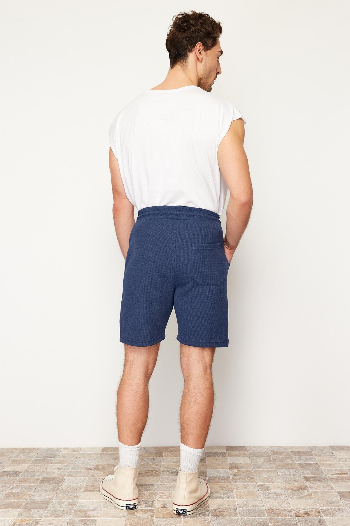 Navy Slim Textured Waffle Elastic Waist Shorts, , large image number 4